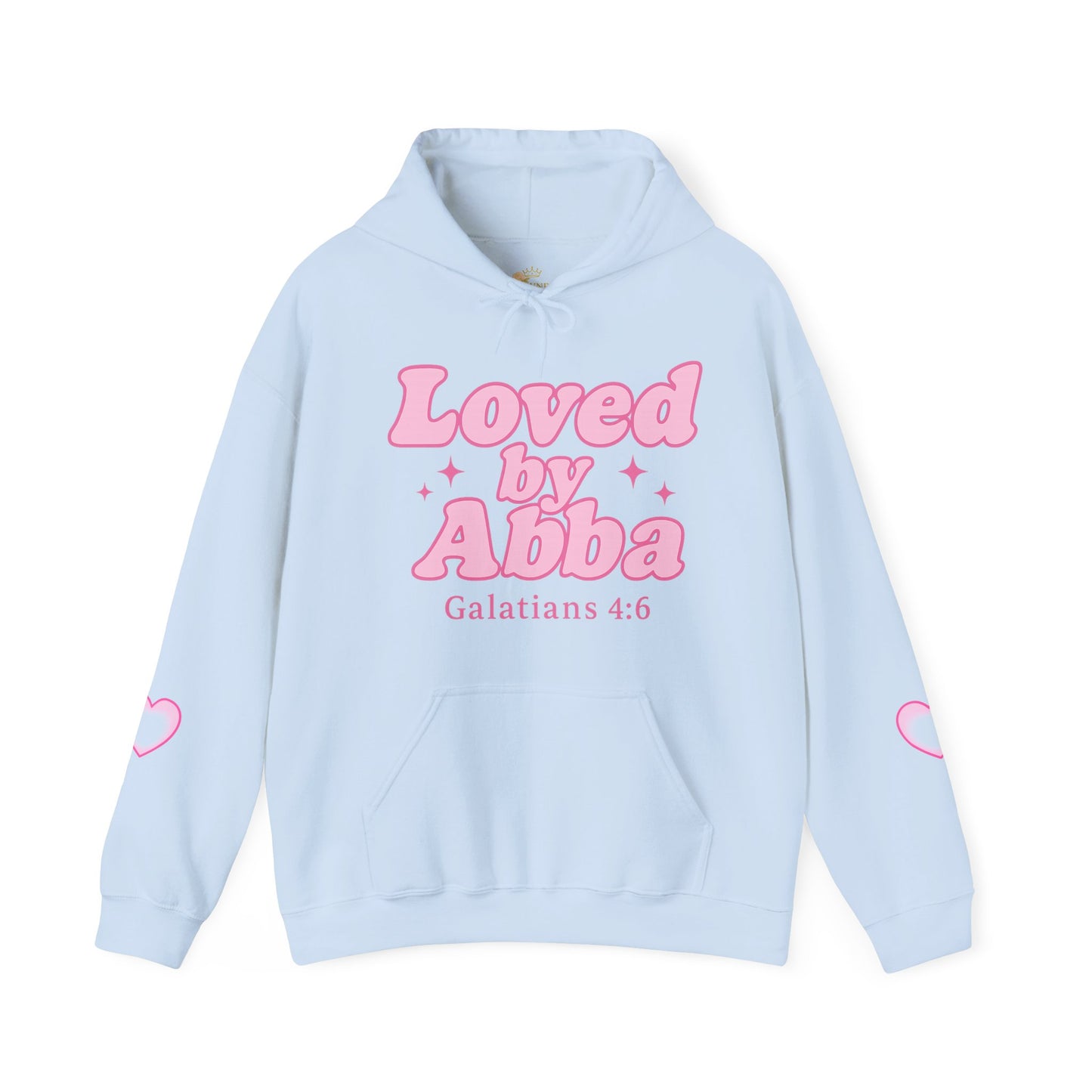 Christian Hoodie - "Loved by Abba" Pink Script with Heart Sleeve Design