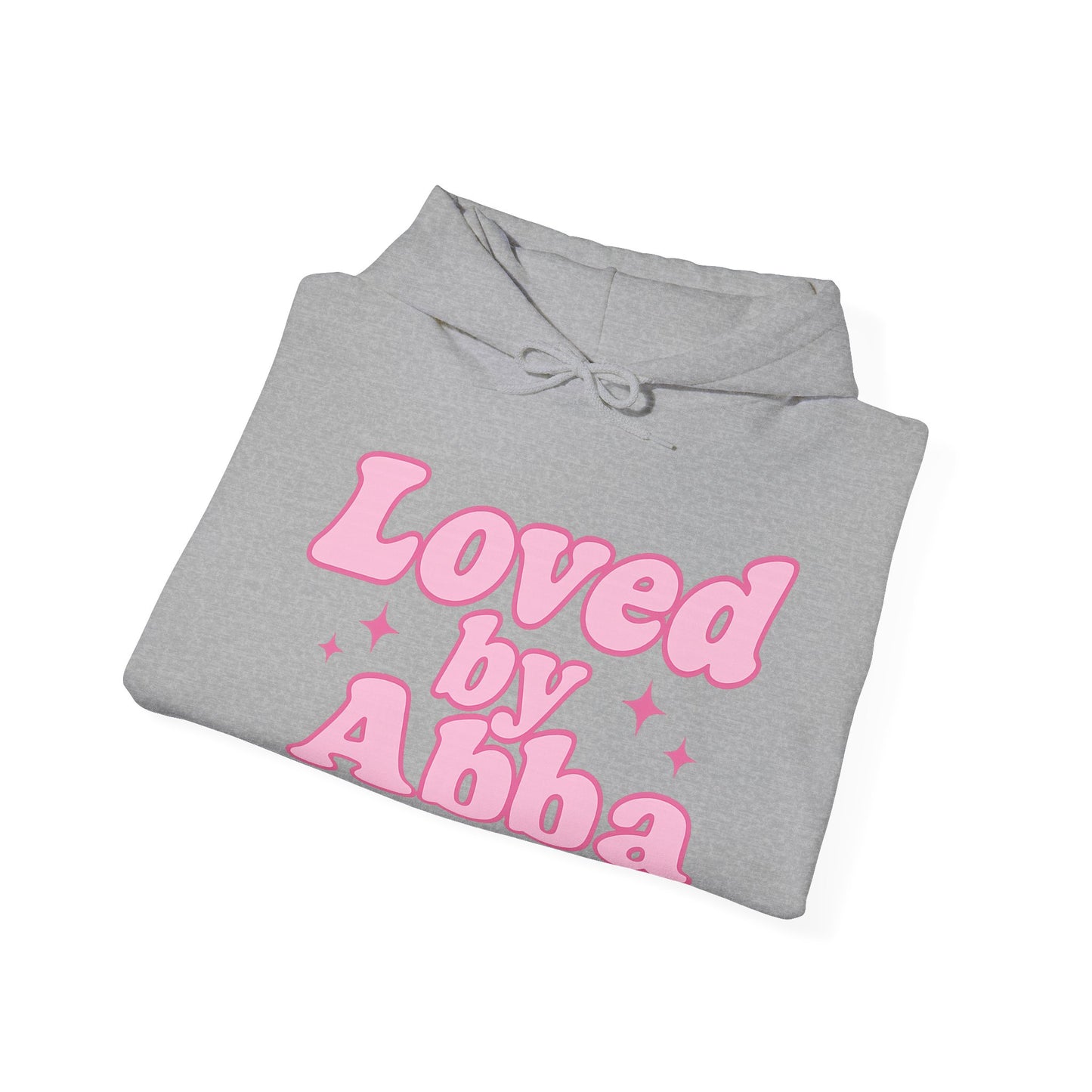 Christian Hoodie - "Loved by Abba" Pink Script with Heart Sleeve Design