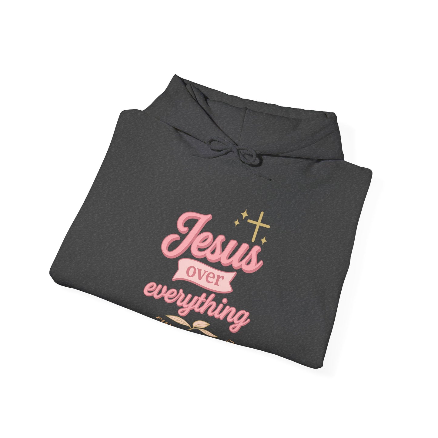 Christian Hoodie - "Jesus Over Everything" Pink Script with Gold Crown & Heart Sleeve Design