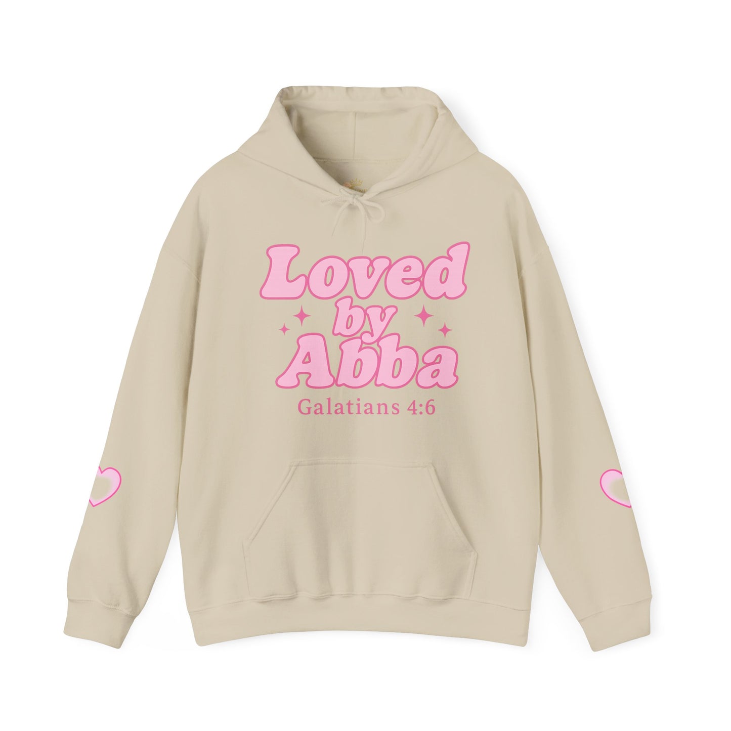 Christian Hoodie - "Loved by Abba" Pink Script with Heart Sleeve Design