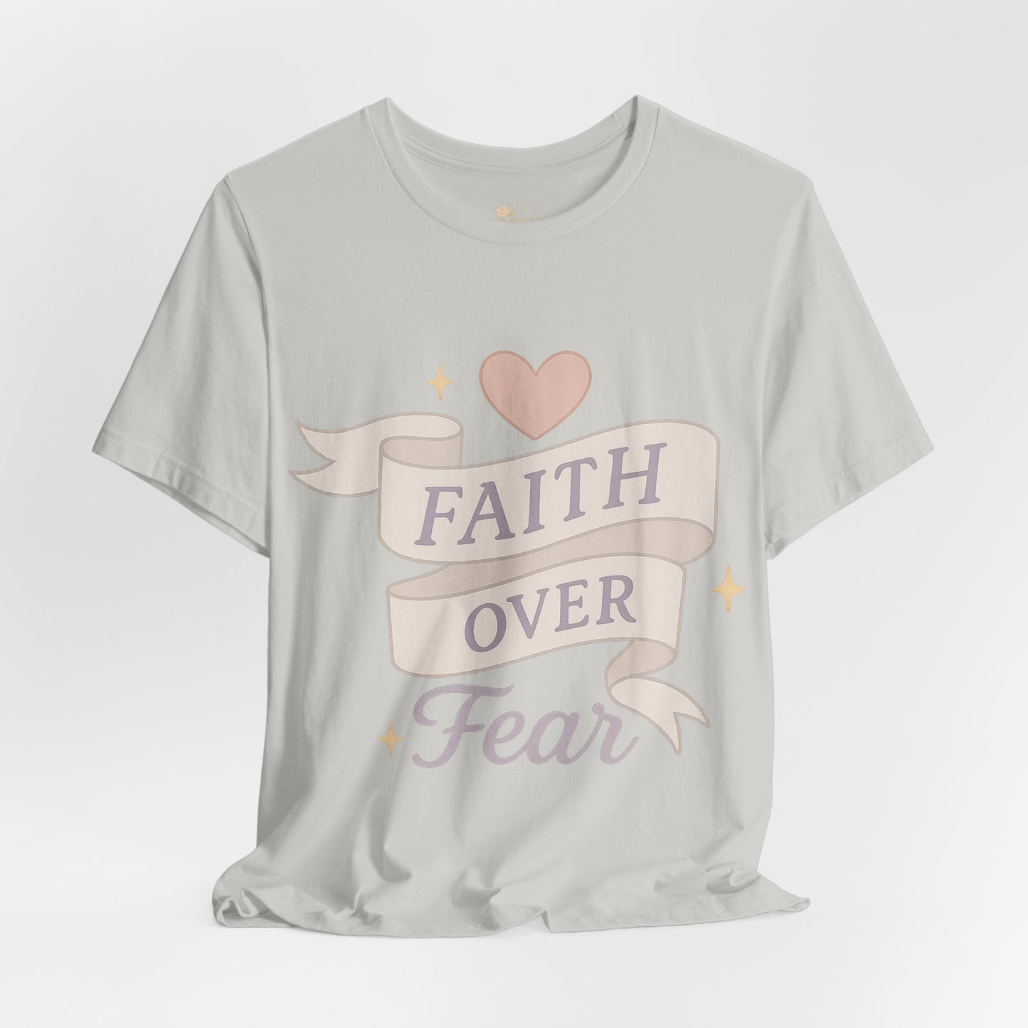 Faith Over Fear T-Shirt — Pastel Crown & Ribbon Christian Inspirational Tee