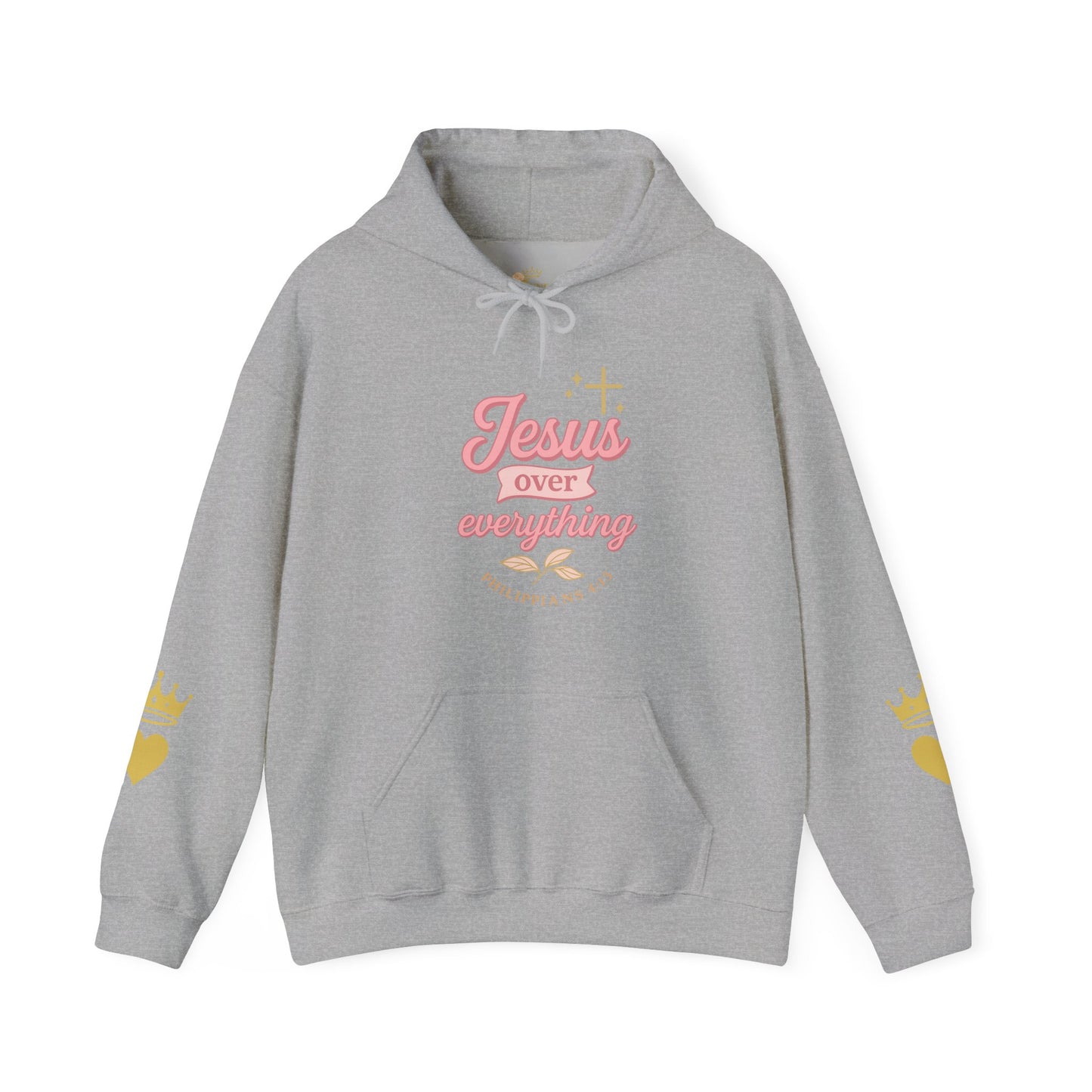Christian Hoodie - "Jesus Over Everything" Pink Script with Gold Crown & Heart Sleeve Design