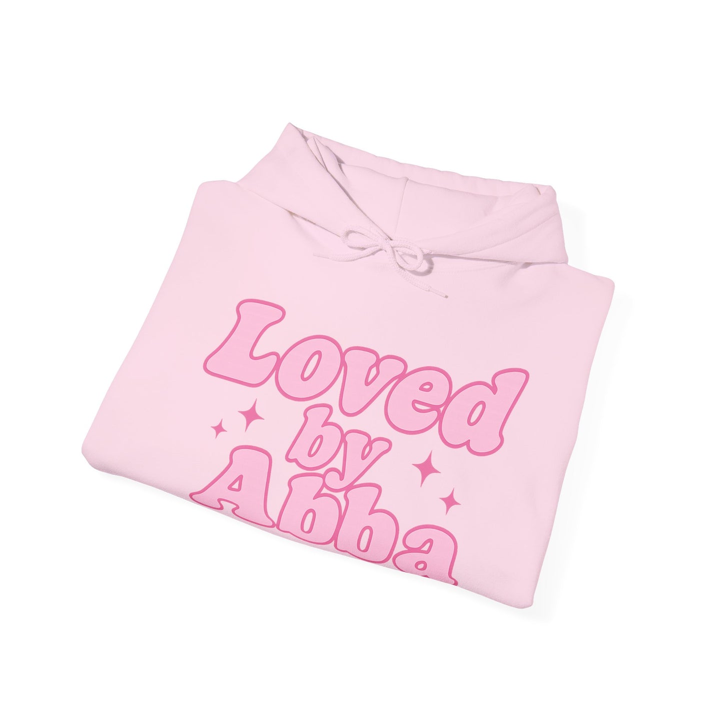 Christian Hoodie - "Loved by Abba" Pink Script with Heart Sleeve Design