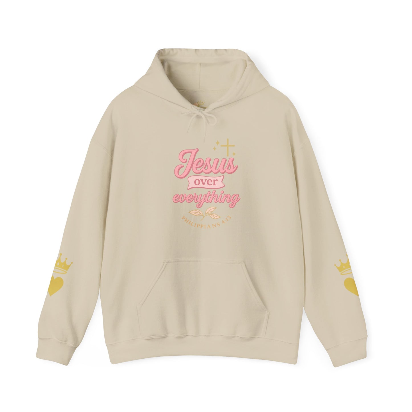 Christian Hoodie - "Jesus Over Everything" Pink Script with Gold Crown & Heart Sleeve Design