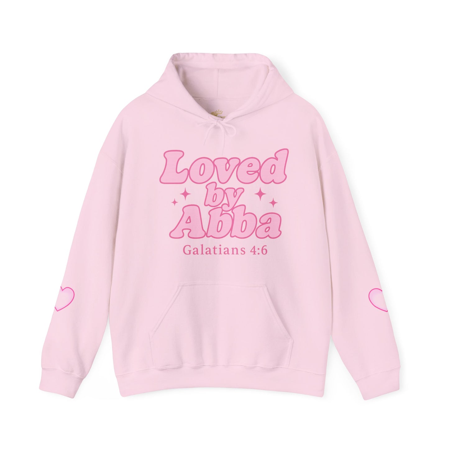 Christian Hoodie - "Loved by Abba" Pink Script with Heart Sleeve Design