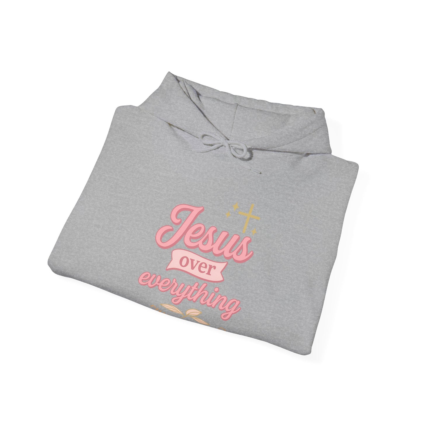 Christian Hoodie - "Jesus Over Everything" Pink Script with Gold Crown & Heart Sleeve Design