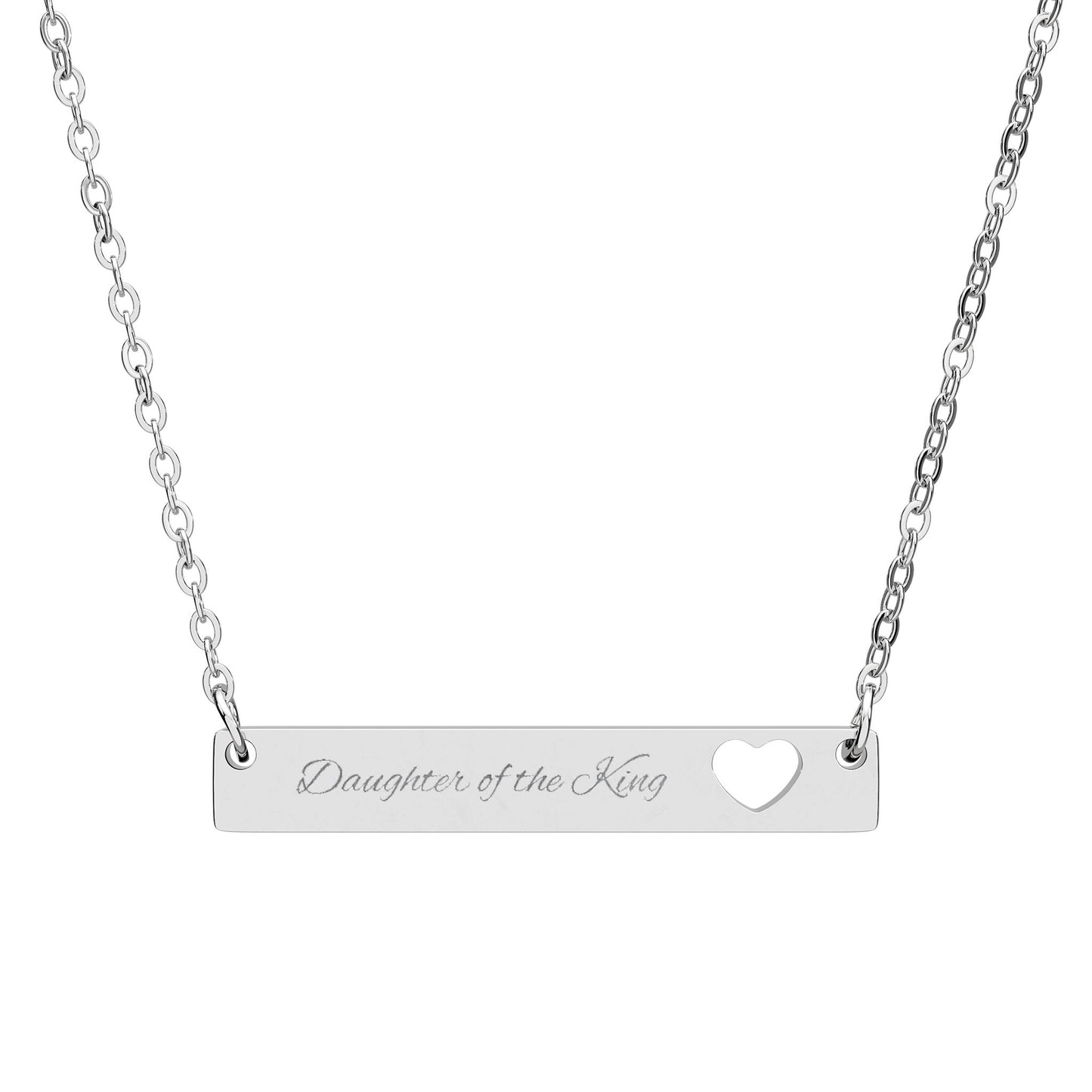 Daughter of the King cut out heart bar necklace