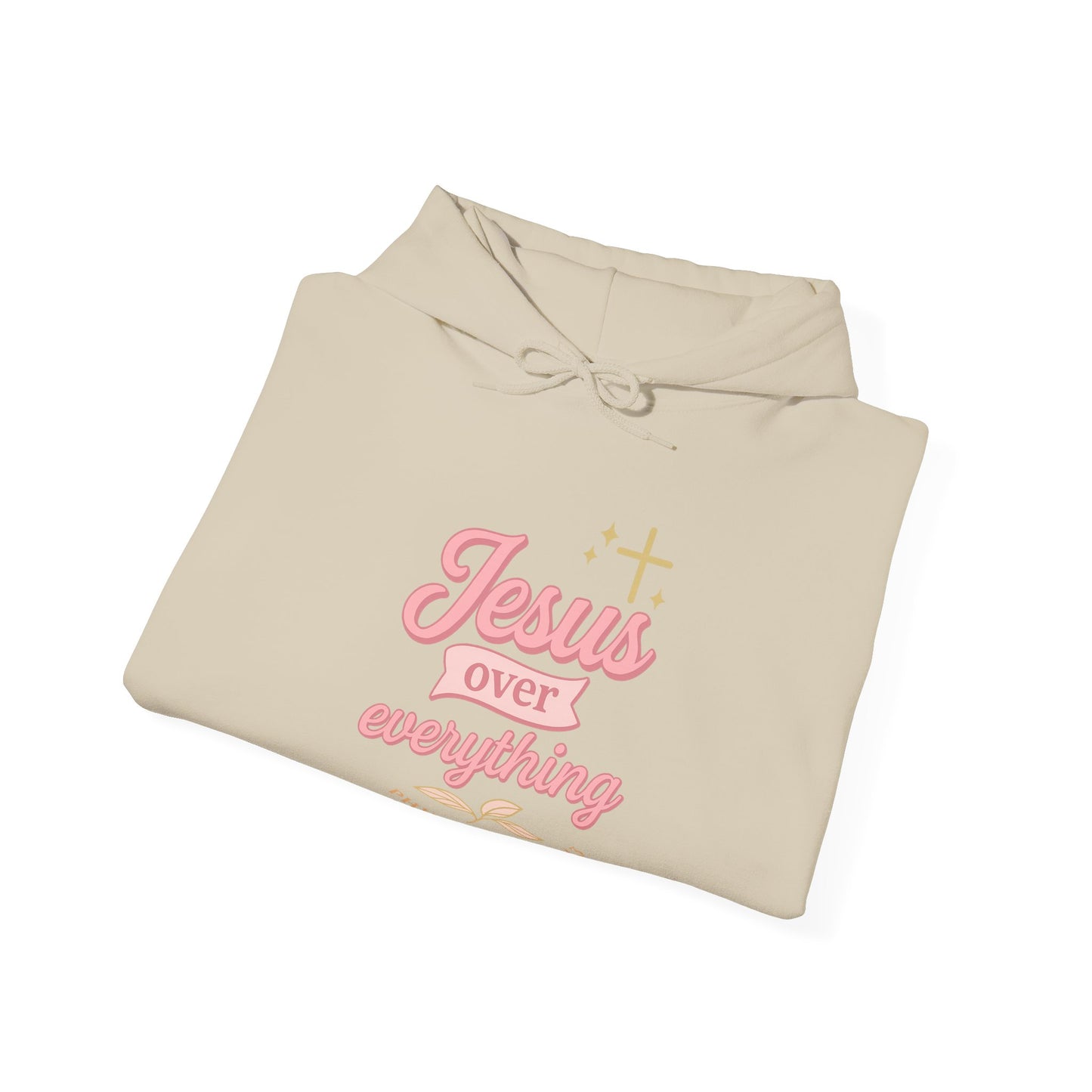 Christian Hoodie - "Jesus Over Everything" Pink Script with Gold Crown & Heart Sleeve Design