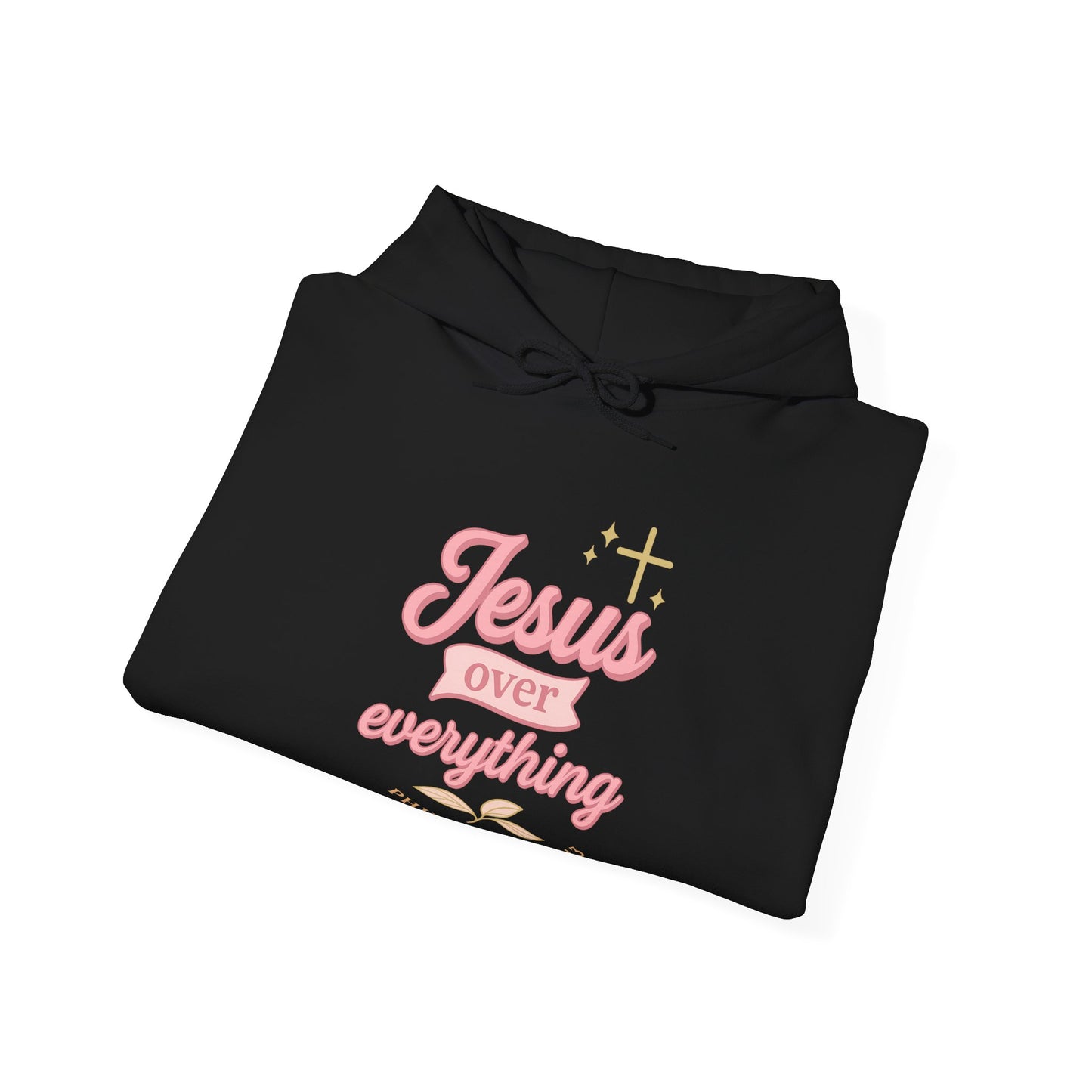 Christian Hoodie - "Jesus Over Everything" Pink Script with Gold Crown & Heart Sleeve Design
