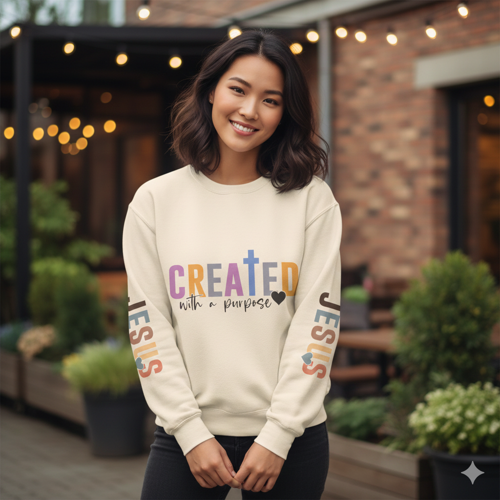 Christian Sweatshirt "Created with a Purpose" with JESUS Sleeve