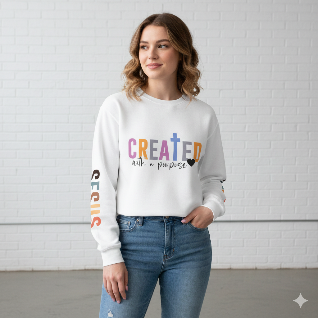 Christian Sweatshirt "Created with a Purpose" with JESUS Sleeve