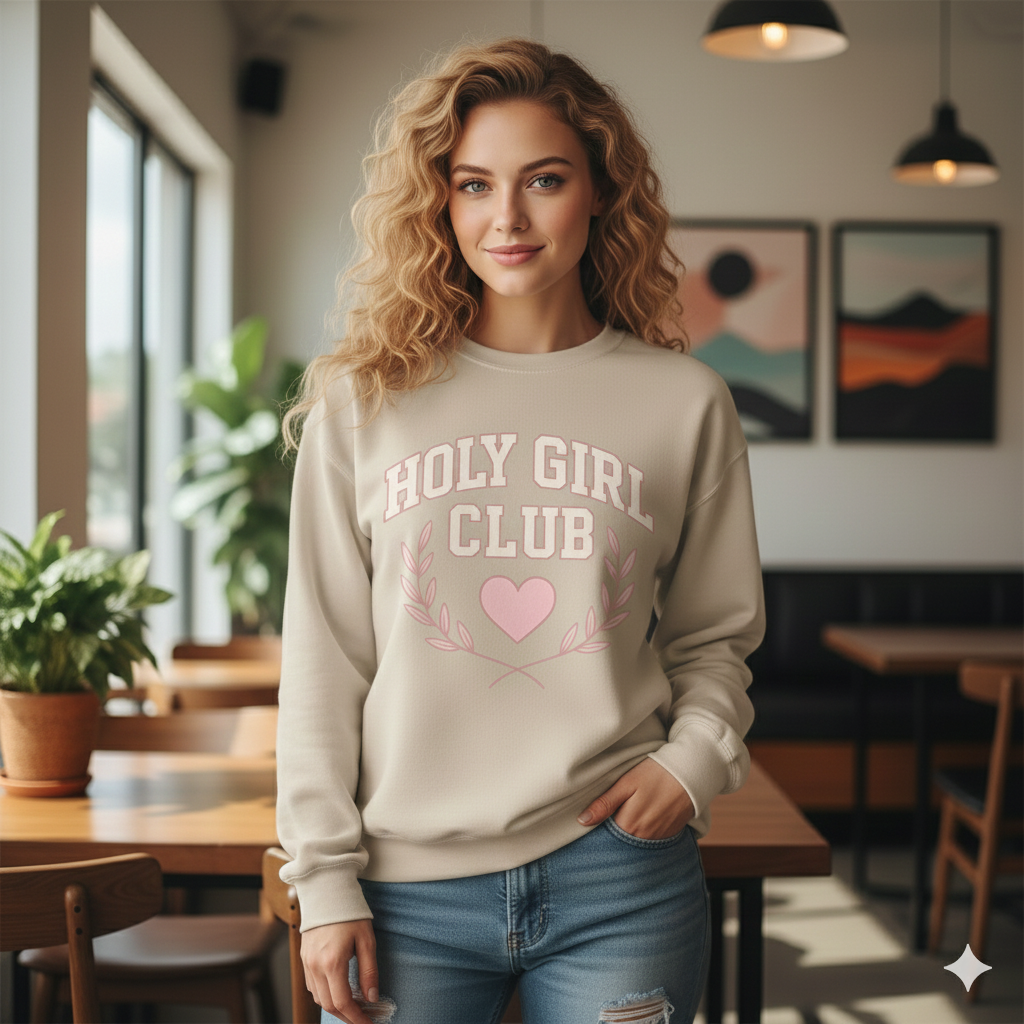 Holy Girl Club Crewneck Sweatshirt — Pastel Pink Heart & Laurel Graphic