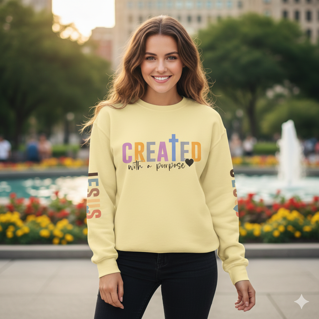 Christian Sweatshirt "Created with a Purpose" with JESUS Sleeve