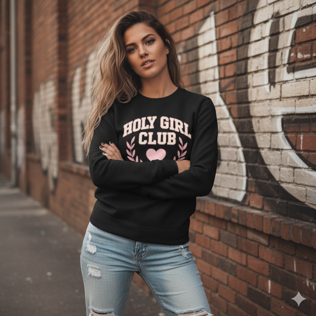 Holy Girl Club Crewneck Sweatshirt — Pastel Pink Heart & Laurel Graphic
