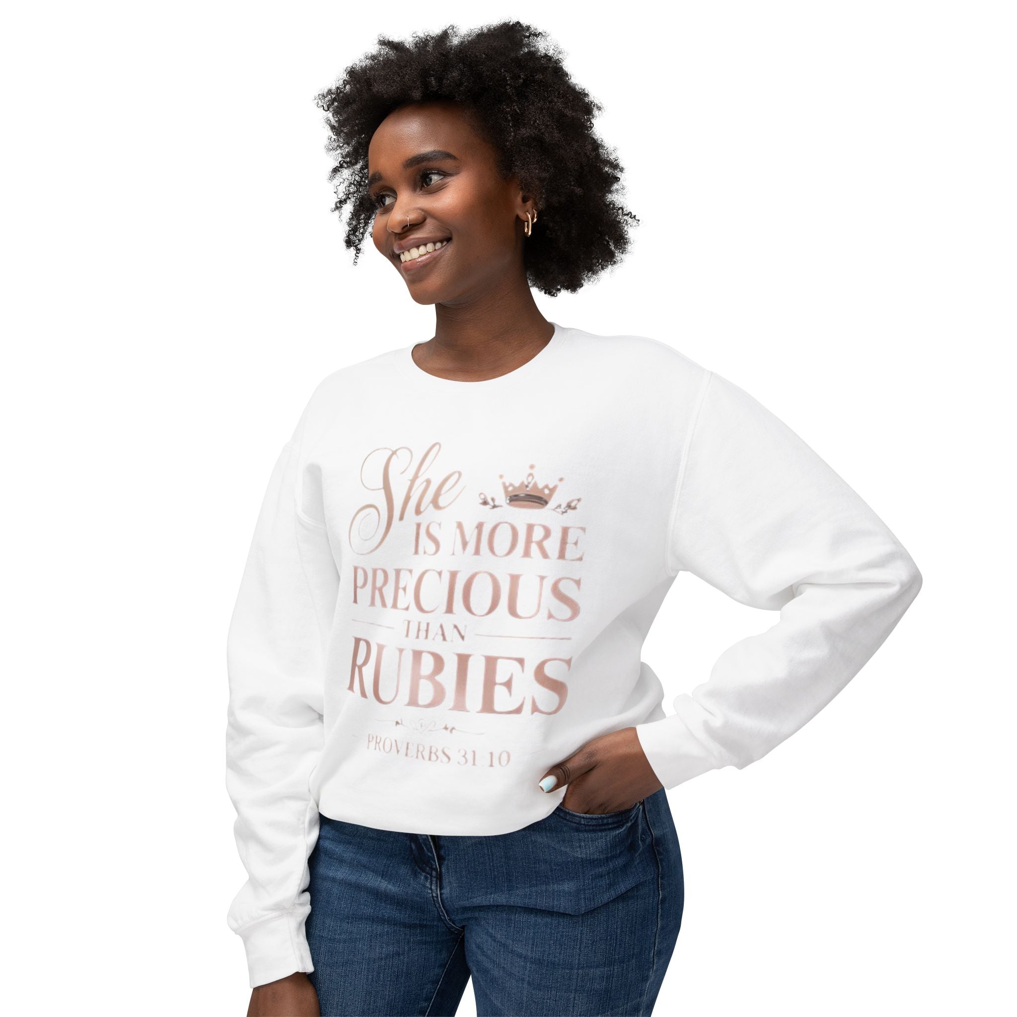 Crewneck Sweatshirt — "She Is More Precious Than Rubies" Inspirational Christian Pullover