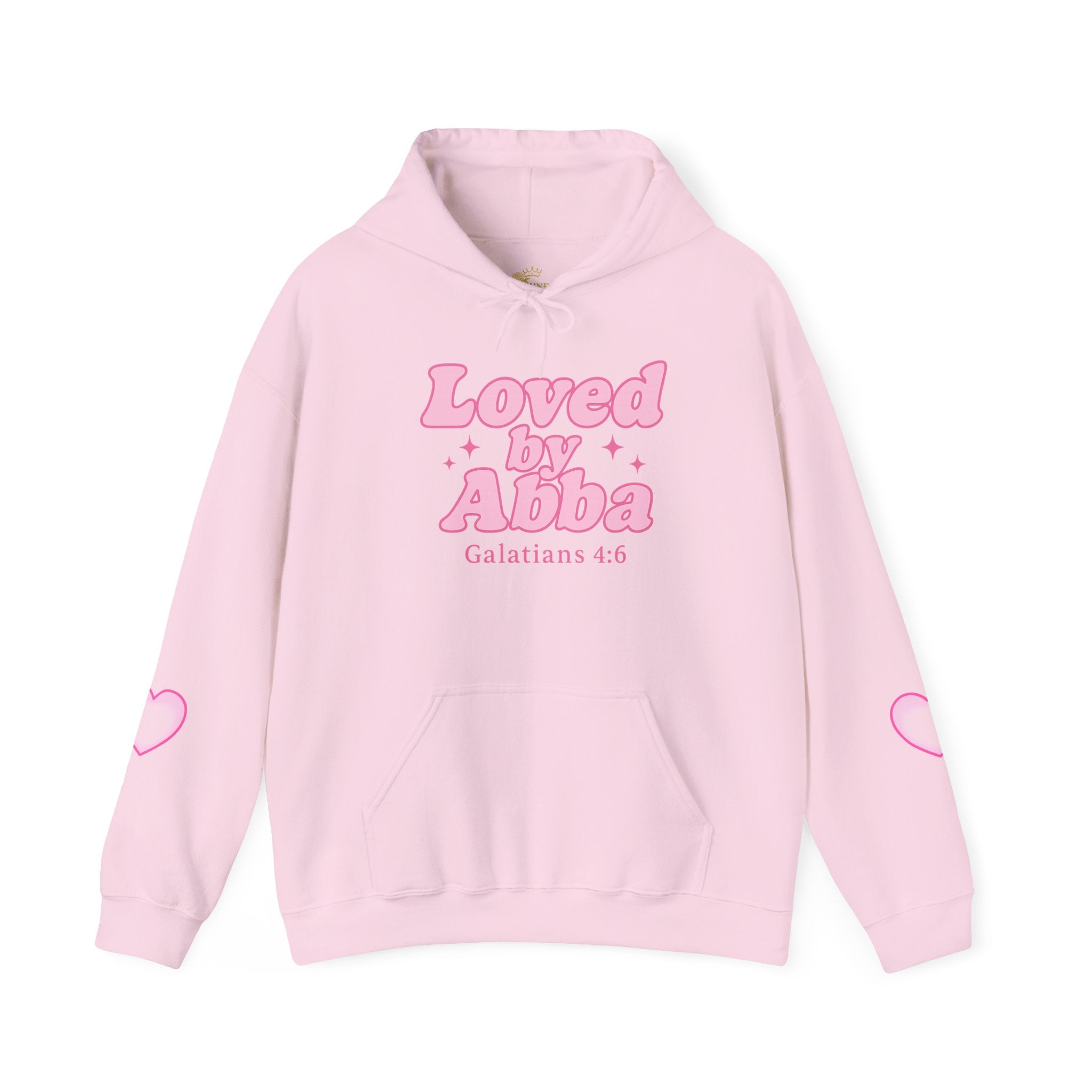 Christian Hoodie - "Loved by Abba" Pink Script with  Heart Sleeve Design