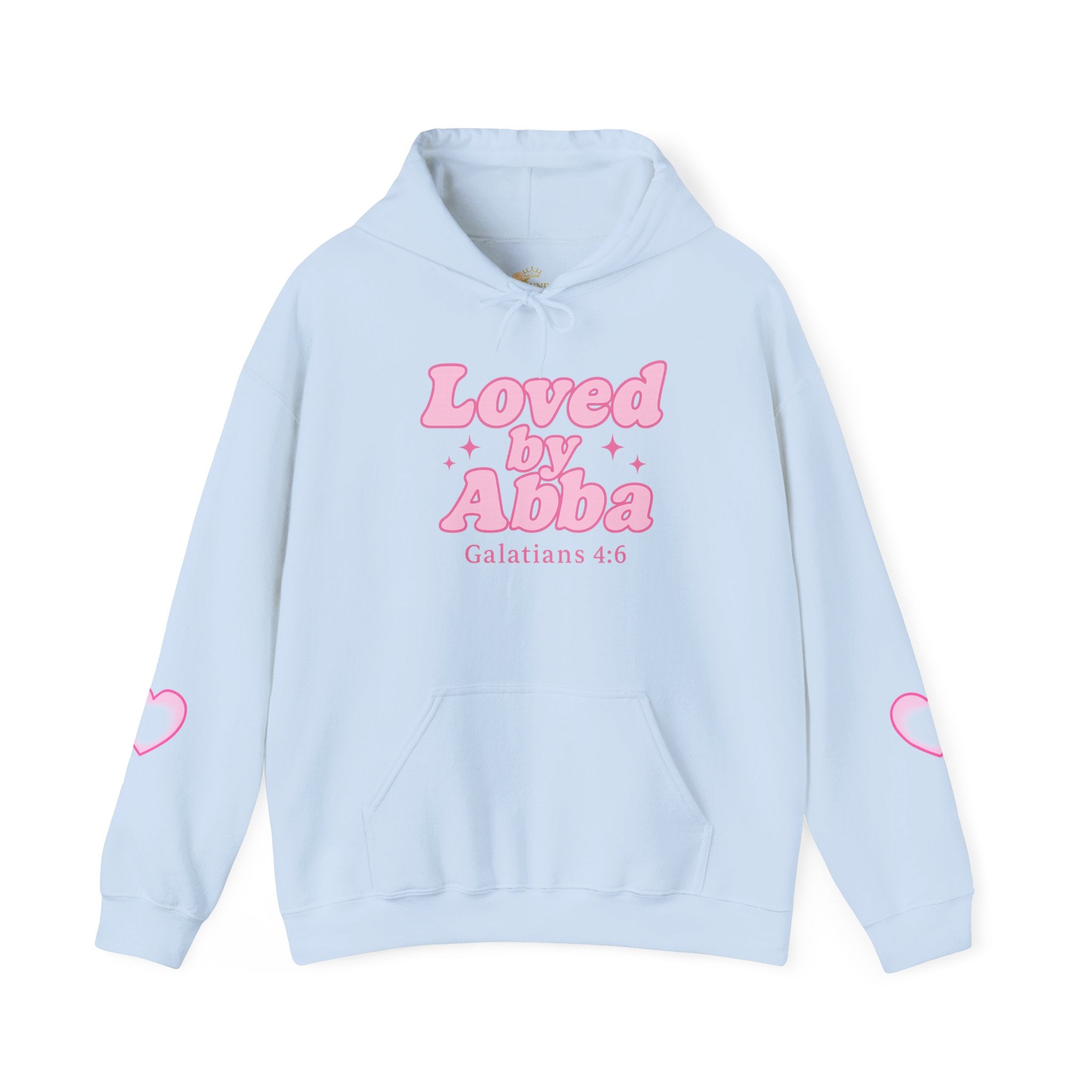 Christian Hoodie - "Loved by Abba" Pink Script with  Heart Sleeve Design