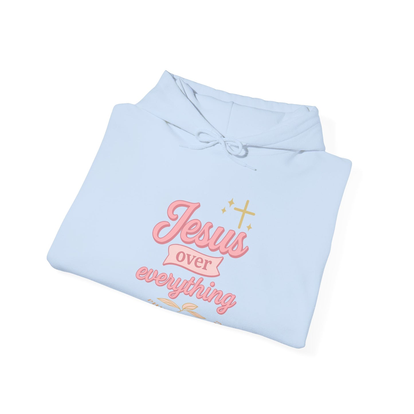 Christian Hoodie - "Jesus Over Everything" Pink Script with Gold Crown & Heart Sleeve Design