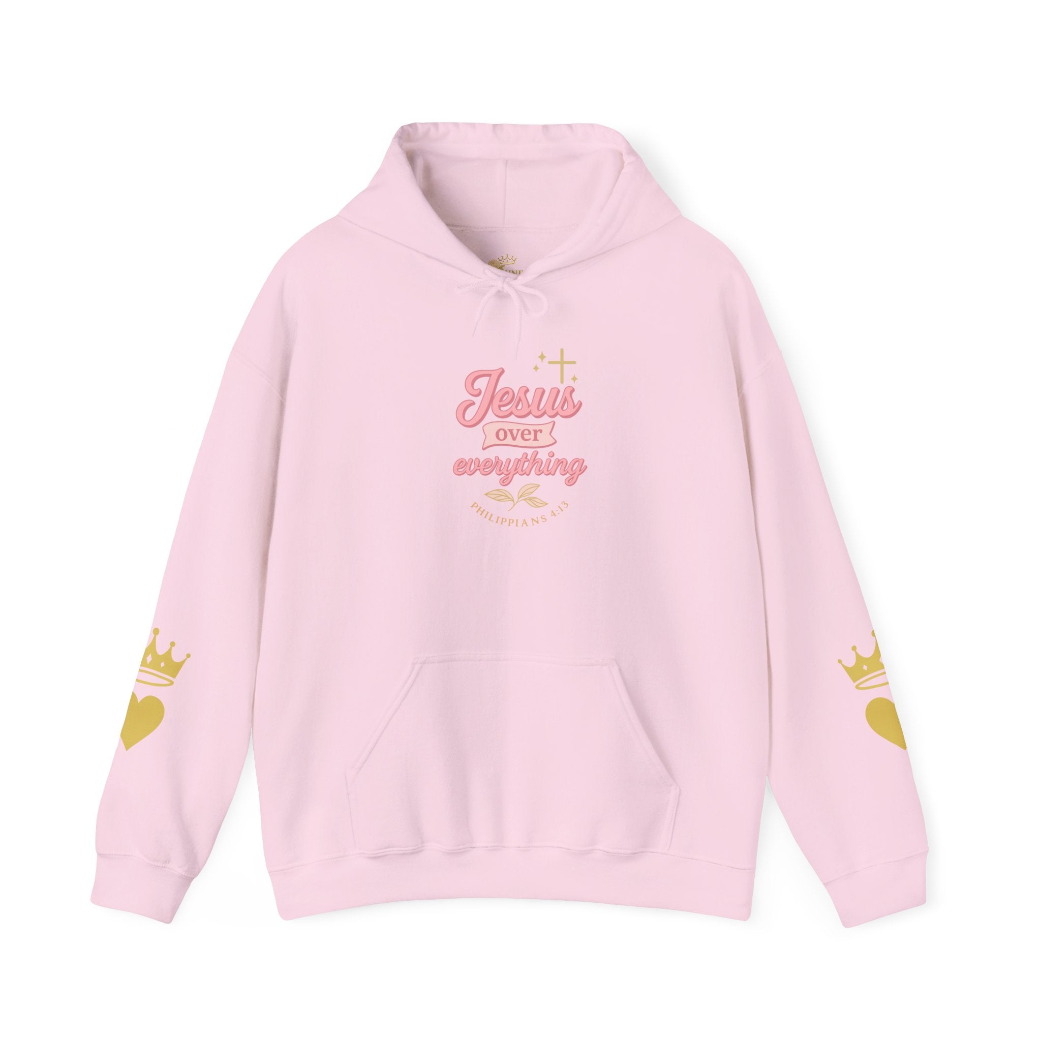 Christian Hoodie — “Jesus Over Everything” Faith Hoodie (Pastel Script Crown Sleeve Design)