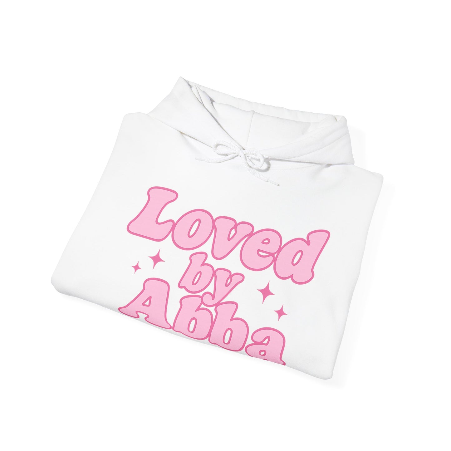 Christian Hoodie - "Loved by Abba" Pink Script with  Heart Sleeve Design