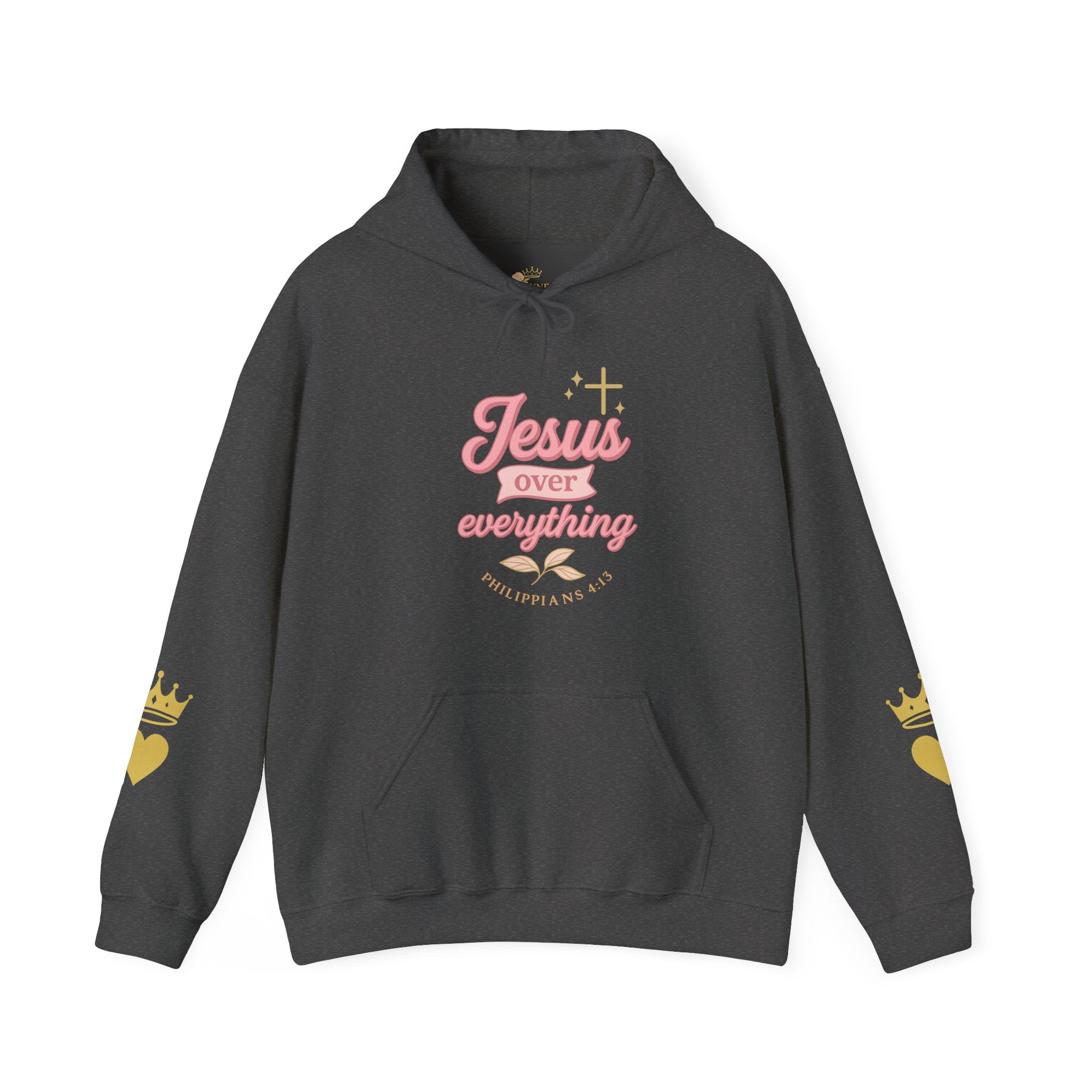 Christian Hoodie - "Jesus Over Everything" Pink Script with Gold Crown & Heart Sleeve Design