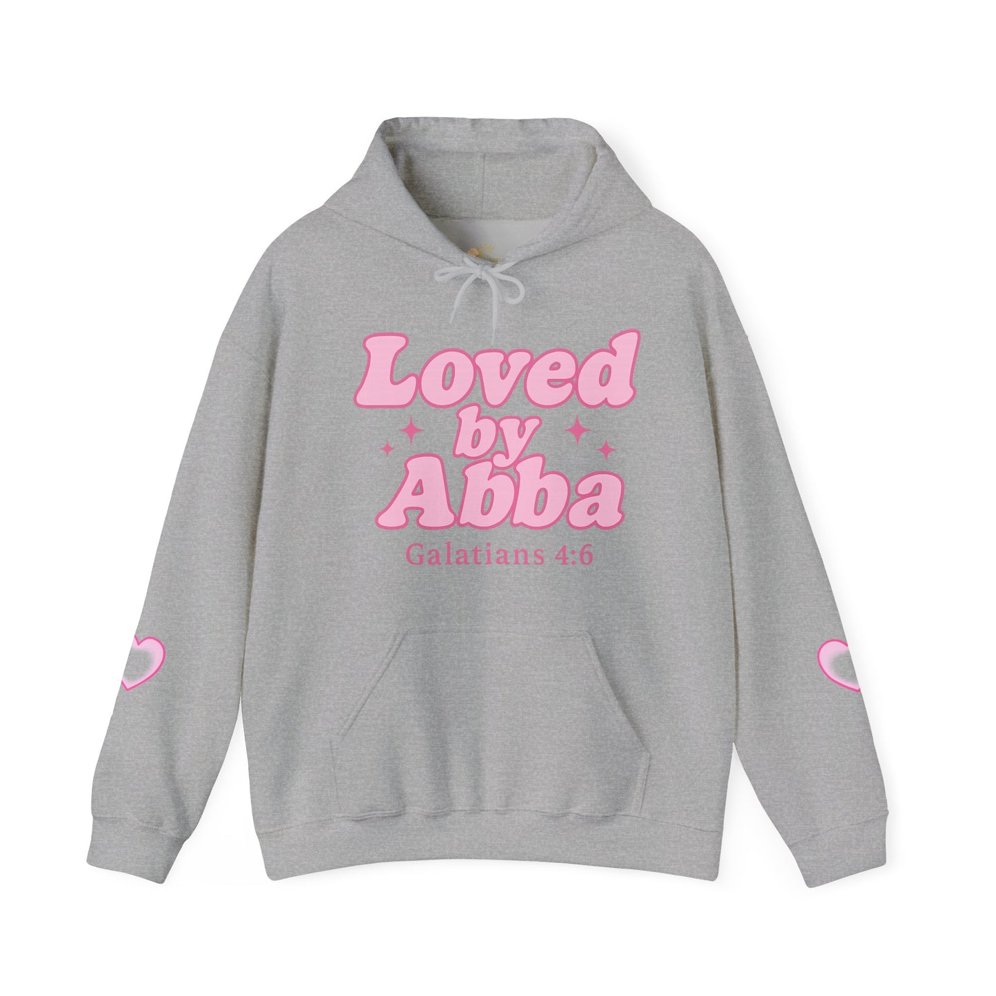 Christian Hoodie - "Loved by Abba" Pink Script with  Heart Sleeve Design