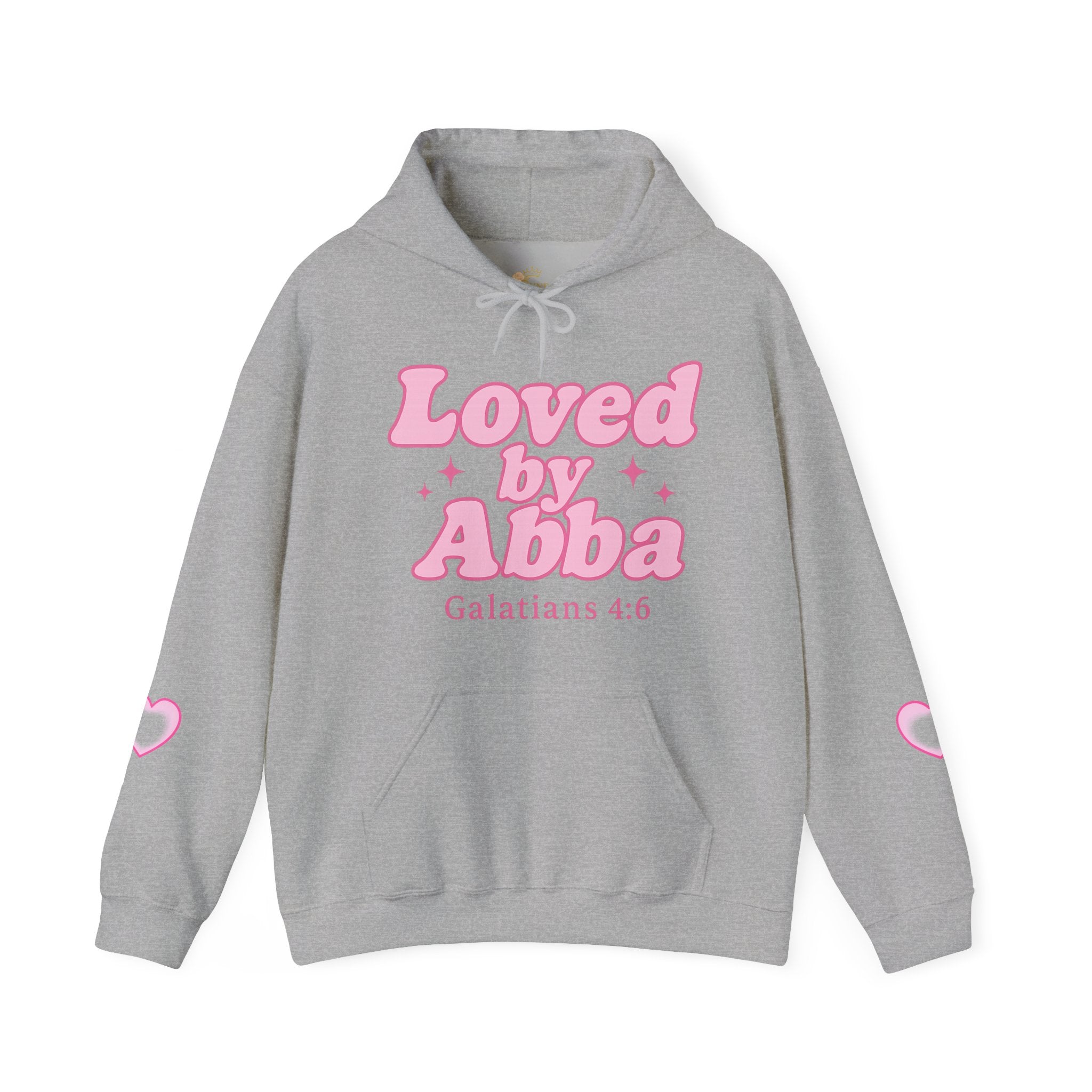 Christian Hoodie - "Loved by Abba" Pink Script with  Heart Sleeve Design
