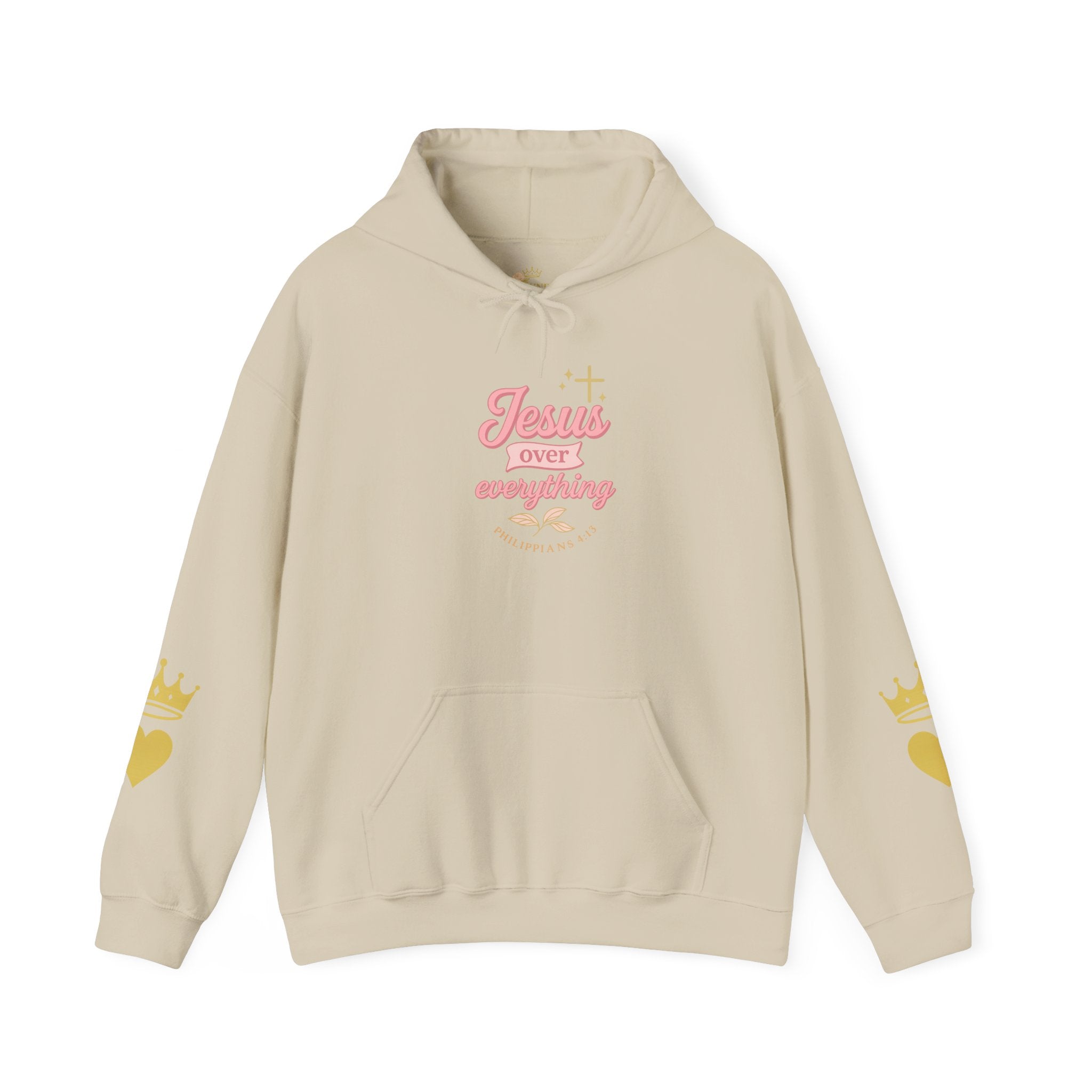 Christian Hoodie — “Jesus Over Everything” Faith Hoodie (Pastel Script Crown Sleeve Design)