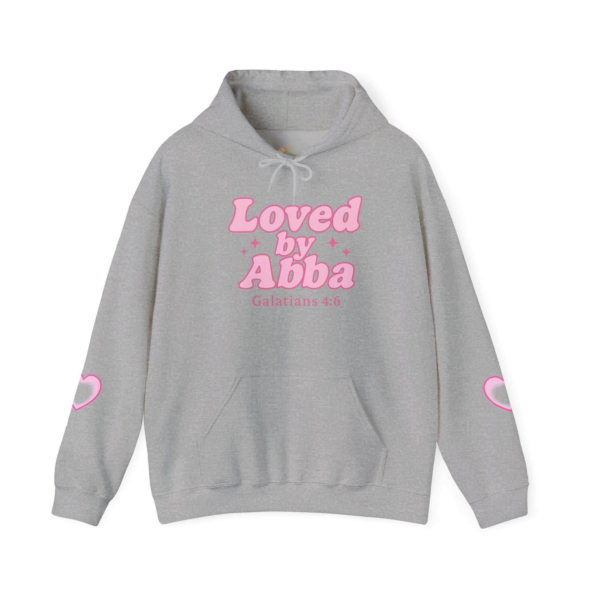 Christian Hoodie - "Loved by Abba" Pink Script with  Heart Sleeve Design