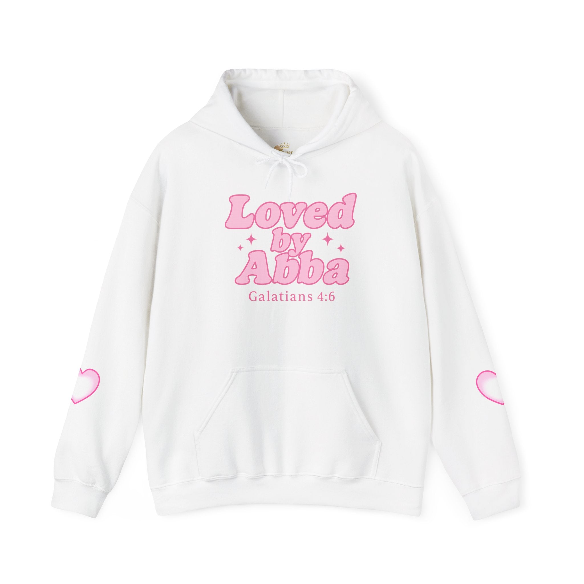 Christian Hoodie - "Loved by Abba" Pink Script with  Heart Sleeve Design