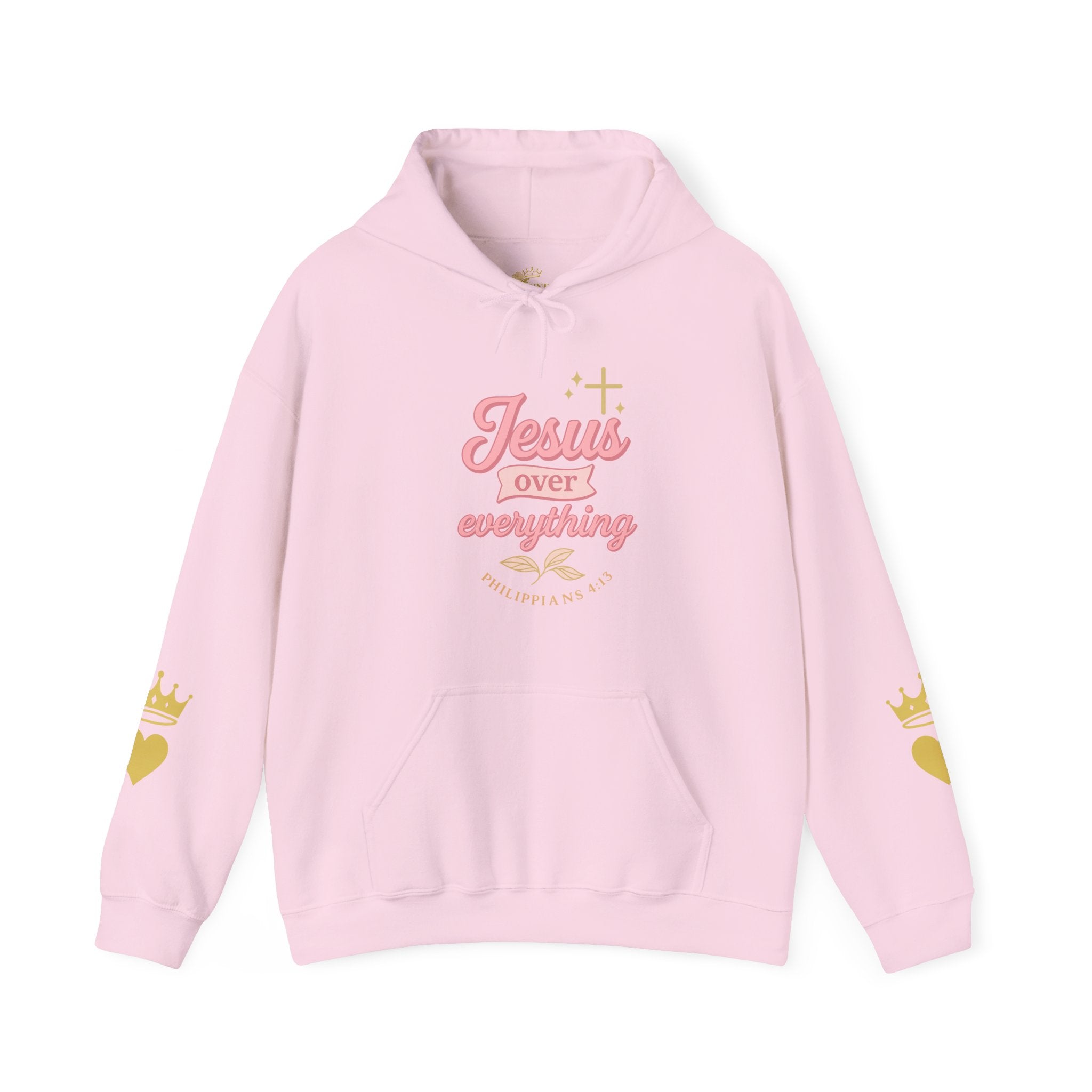 Christian Hoodie - "Jesus Over Everything" Pink Script with Gold Crown & Heart Sleeve Design