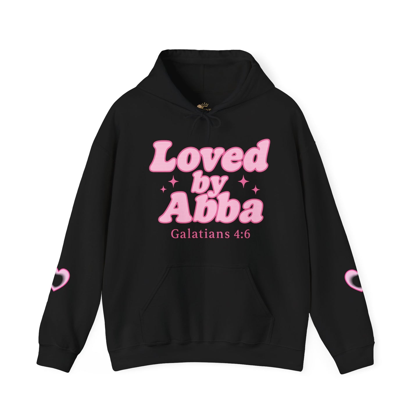 Christian Hoodie - "Loved by Abba" Pink Script with  Heart Sleeve Design