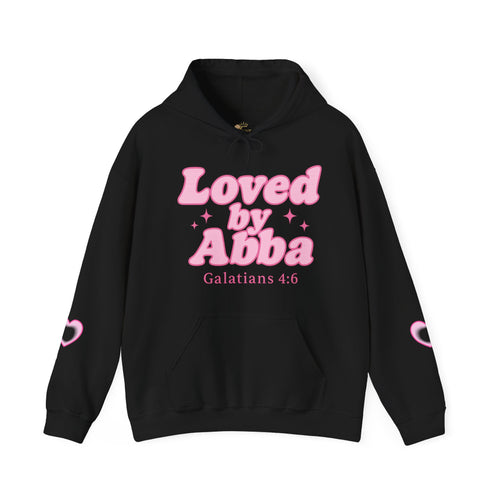 Christian Hoodie - "Loved by Abba" Pink Script with  Heart Sleeve Design