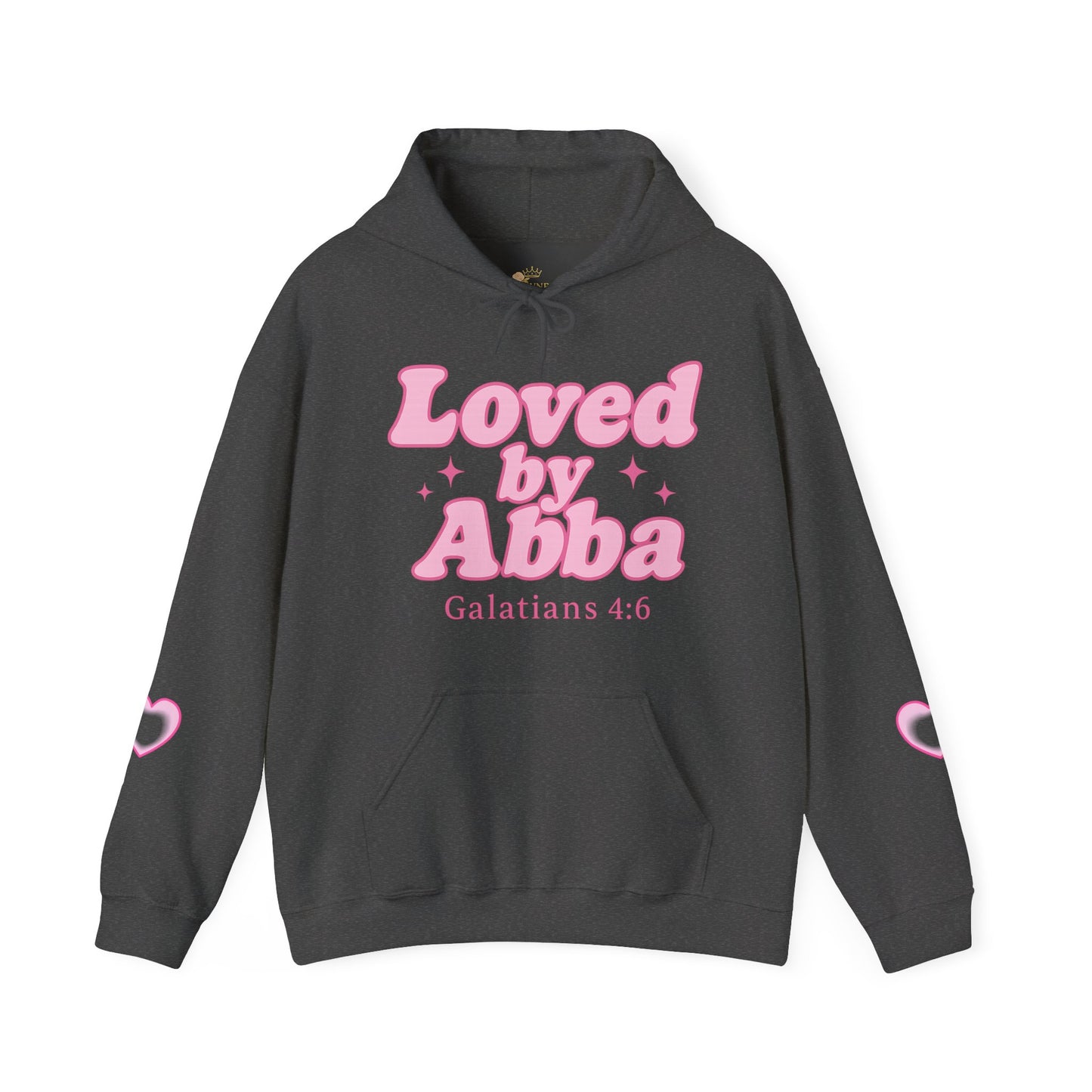 Christian Hoodie - "Loved by Abba" Pink Script with  Heart Sleeve Design