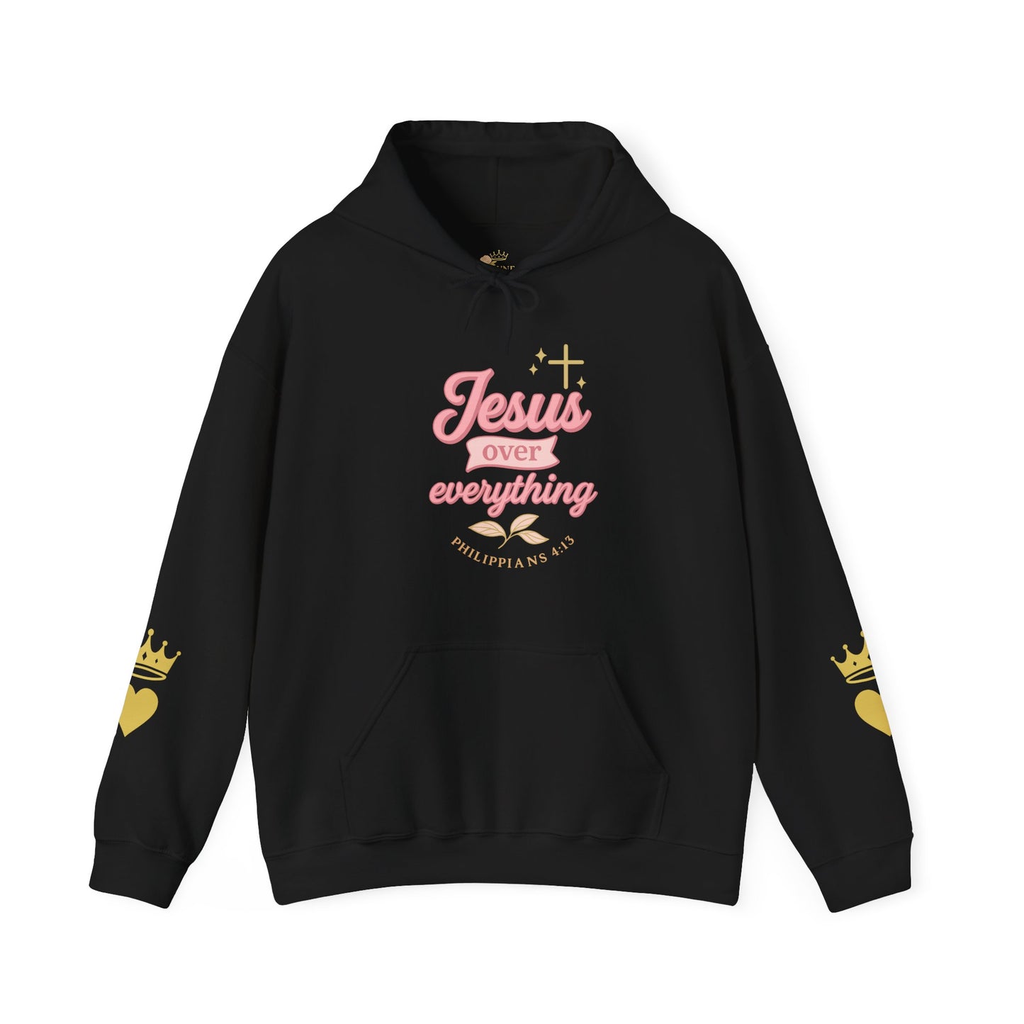 Christian Hoodie - "Jesus Over Everything" Pink Script with Gold Crown & Heart Sleeve Design