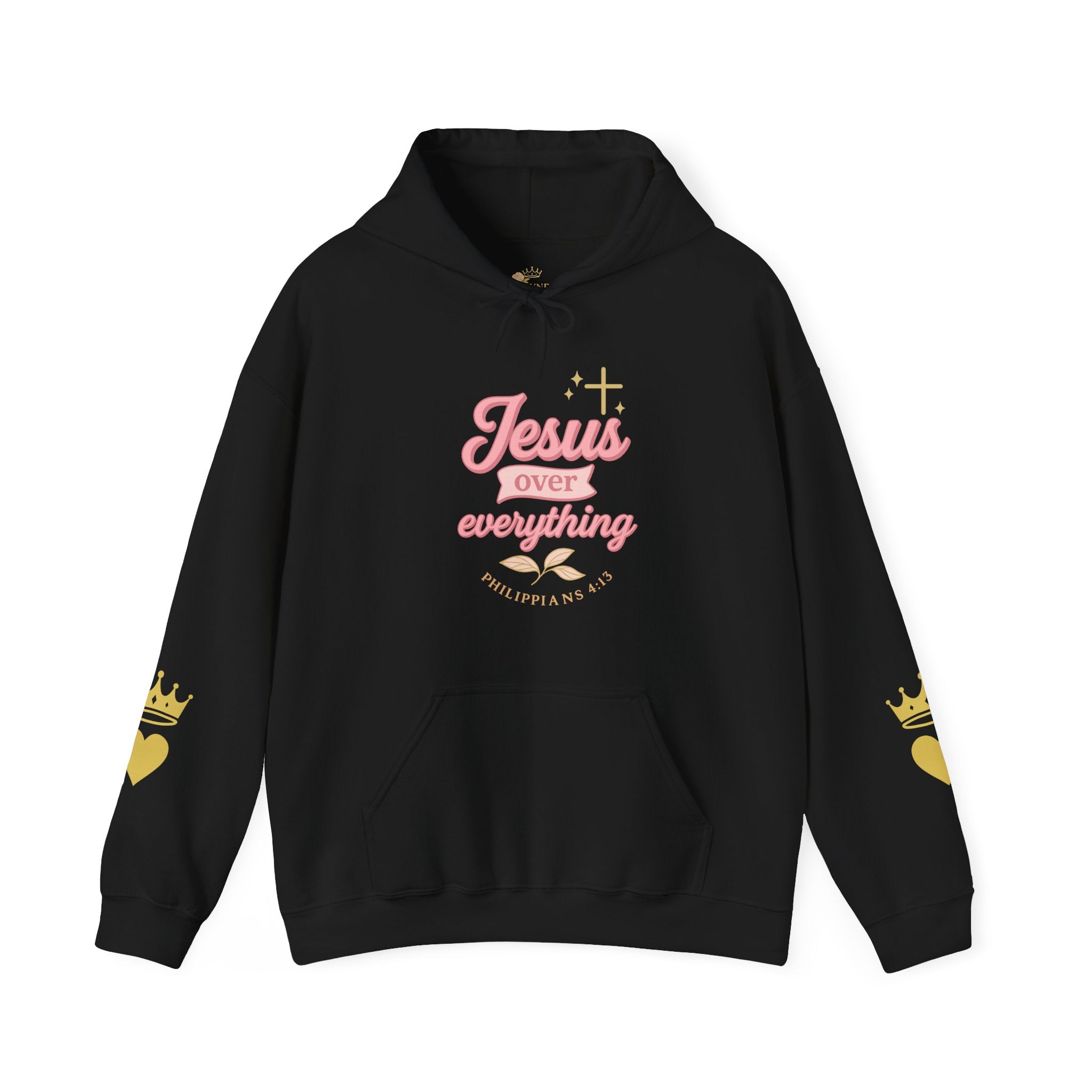 Christian Hoodie - "Jesus Over Everything" Pink Script with Gold Crown & Heart Sleeve Design