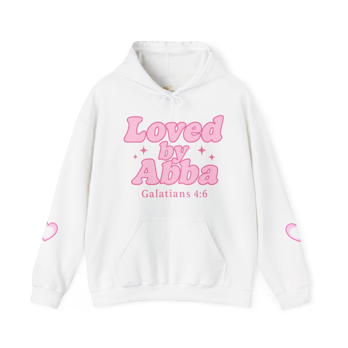 Christian Hoodie - "Loved by Abba" Pink Script with  Heart Sleeve Design