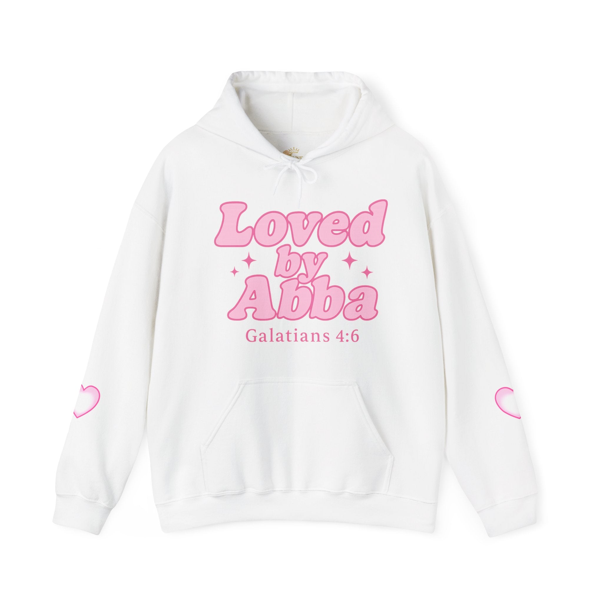 Christian Hoodie - "Loved by Abba" Pink Script with  Heart Sleeve Design