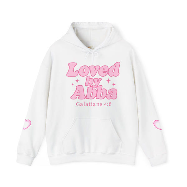 Christian Hoodie - "Loved by Abba" Pink Script with  Heart Sleeve Design