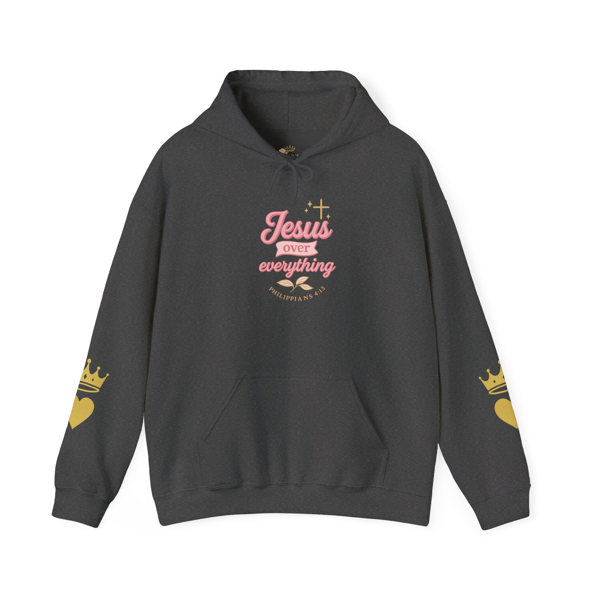 Christian Hoodie — “Jesus Over Everything” Faith Hoodie (Pastel Script Crown Sleeve Design)