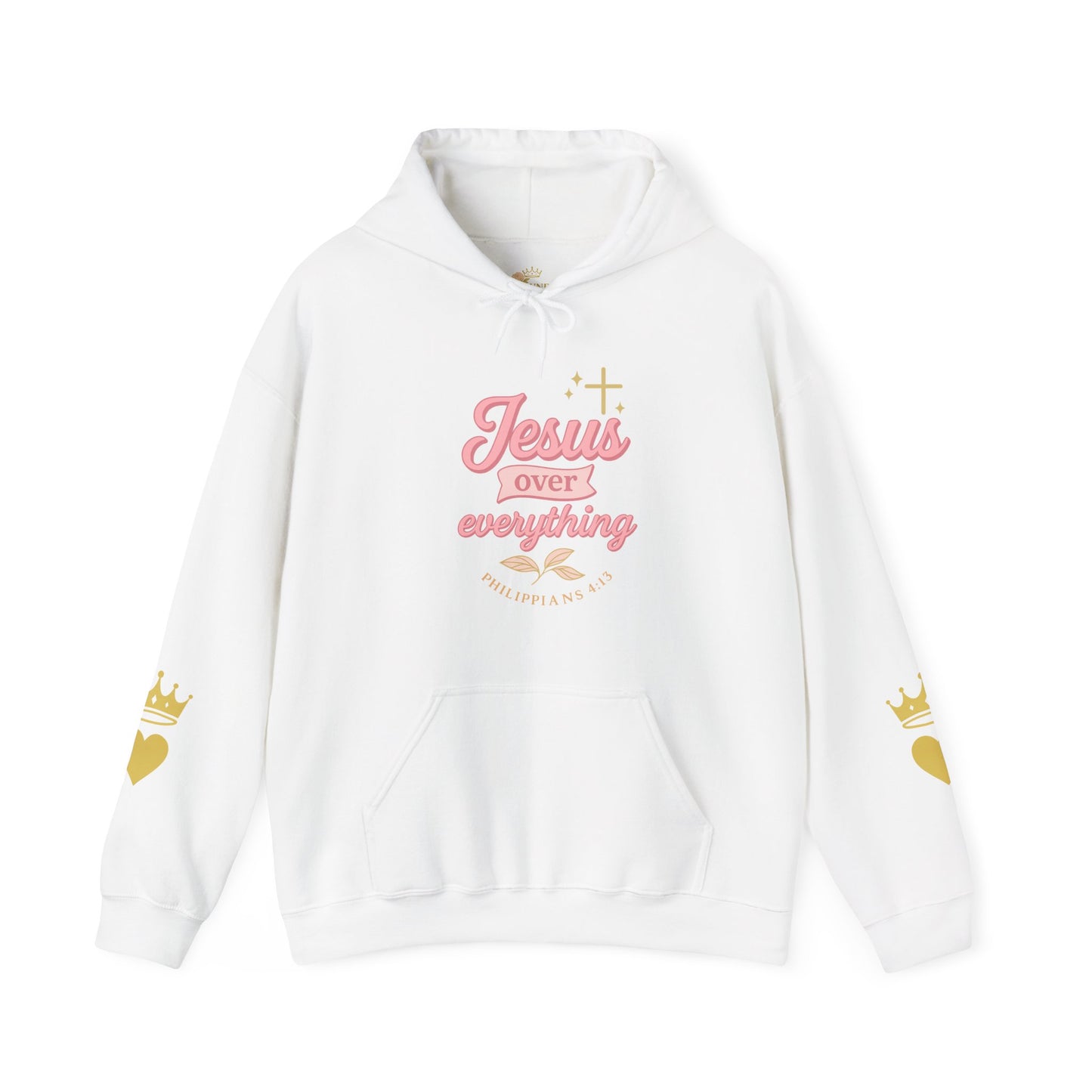 Christian Hoodie - "Jesus Over Everything" Pink Script with Gold Crown & Heart Sleeve Design