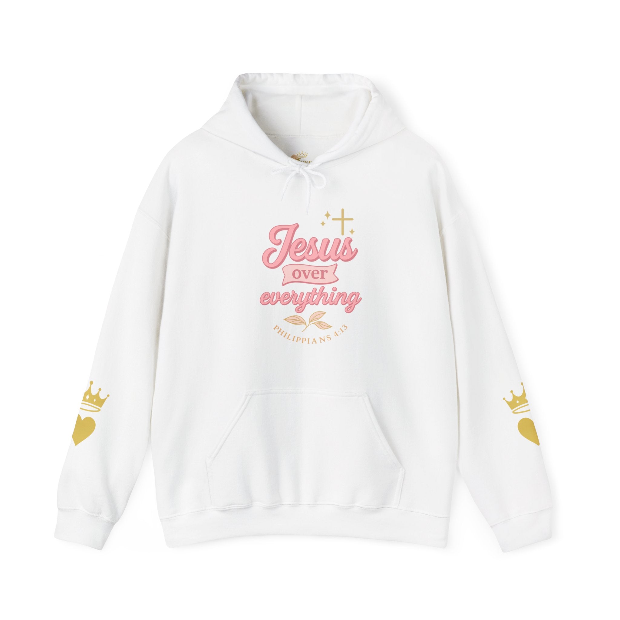 Christian Hoodie - "Jesus Over Everything" Pink Script with Gold Crown & Heart Sleeve Design