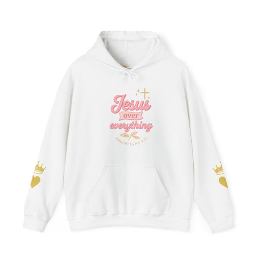 Christian Hoodie - "Jesus Over Everything" Pink Script with Gold Crown & Heart Sleeve Design