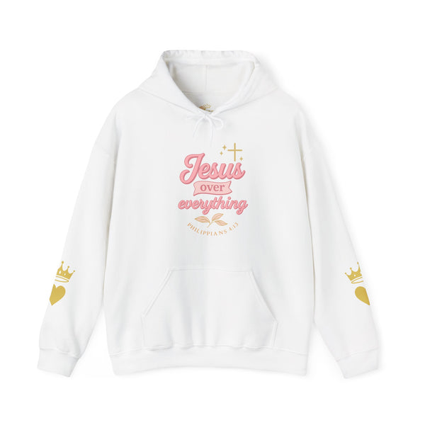 Christian Hoodie - "Jesus Over Everything" Pink Script with Gold Crown & Heart Sleeve Design