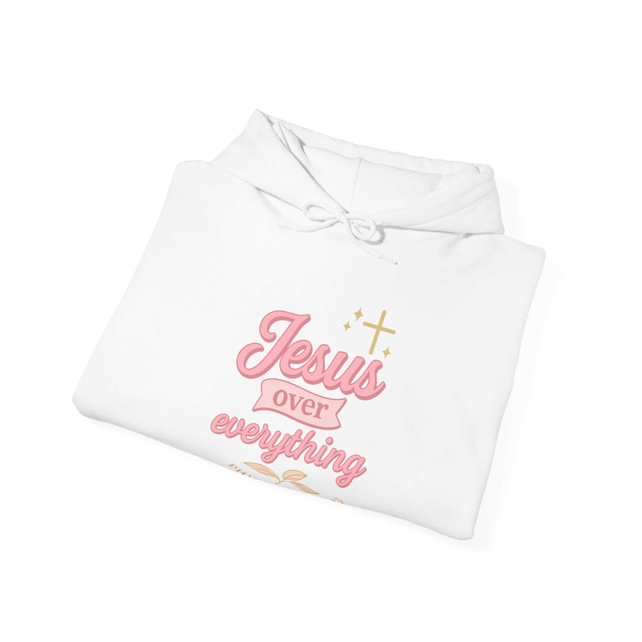 Christian Hoodie - "Jesus Over Everything" Pink Script with Gold Crown & Heart Sleeve Design