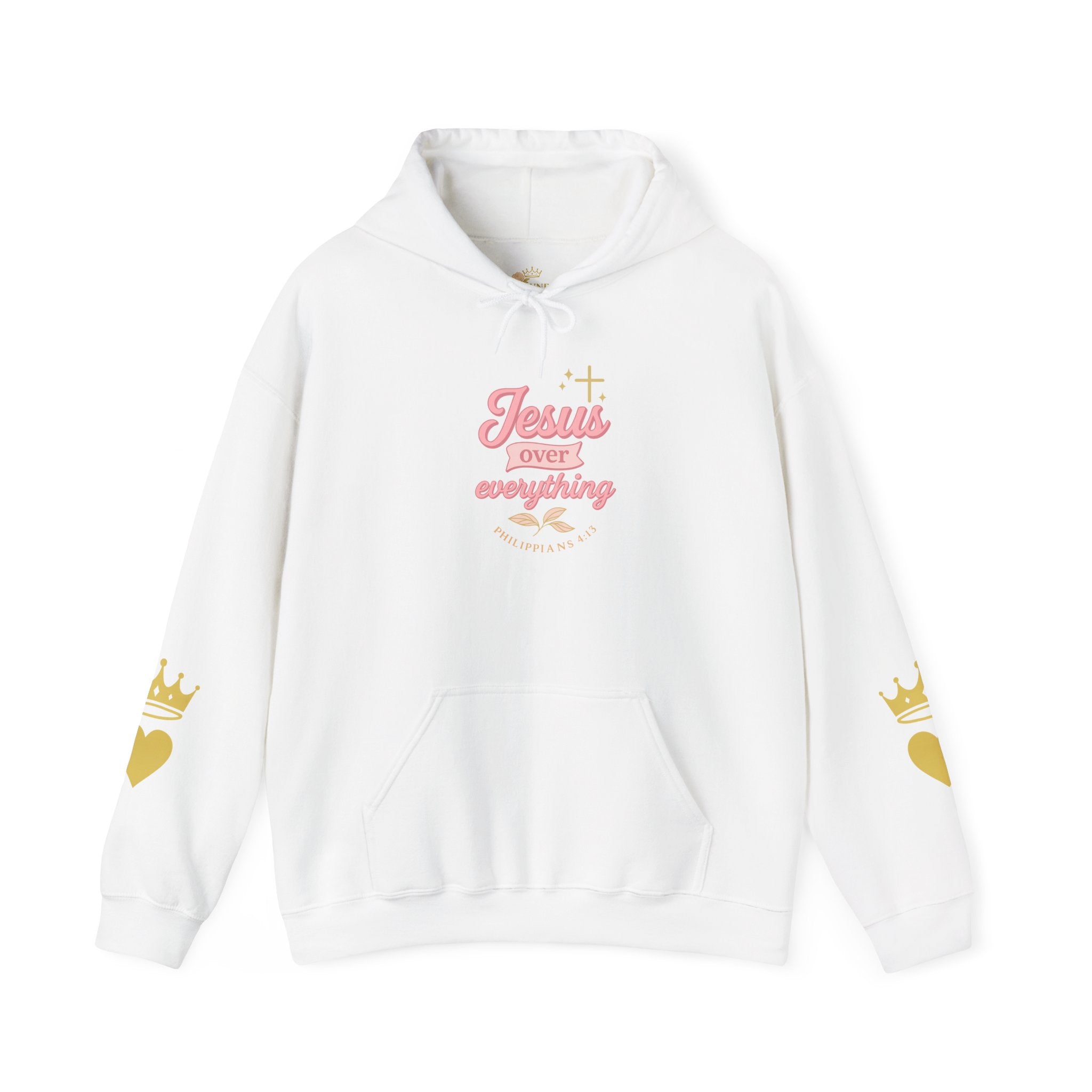 Christian Hoodie — “Jesus Over Everything” Faith Hoodie (Pastel Script Crown Sleeve Design)