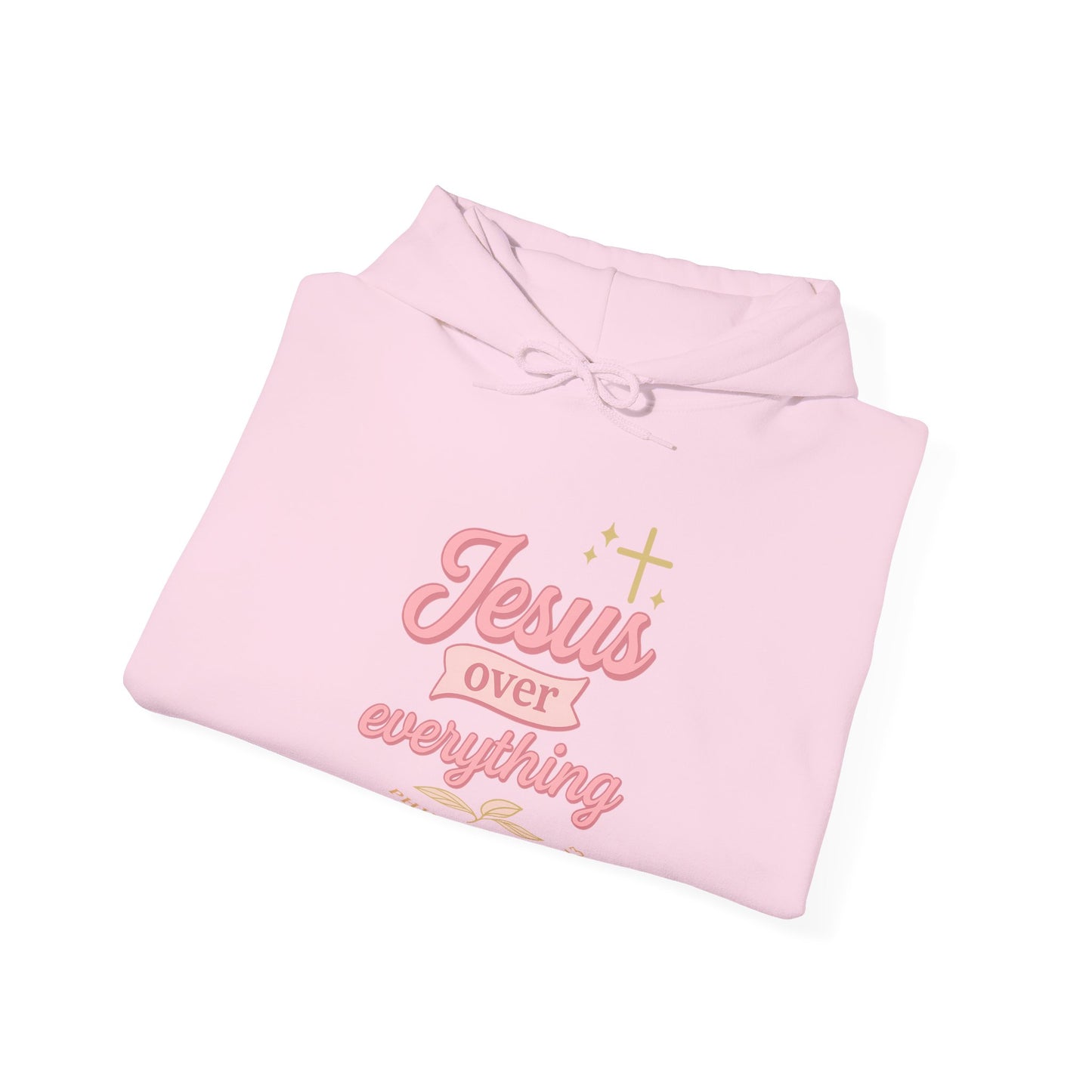 Christian Hoodie - "Jesus Over Everything" Pink Script with Gold Crown & Heart Sleeve Design