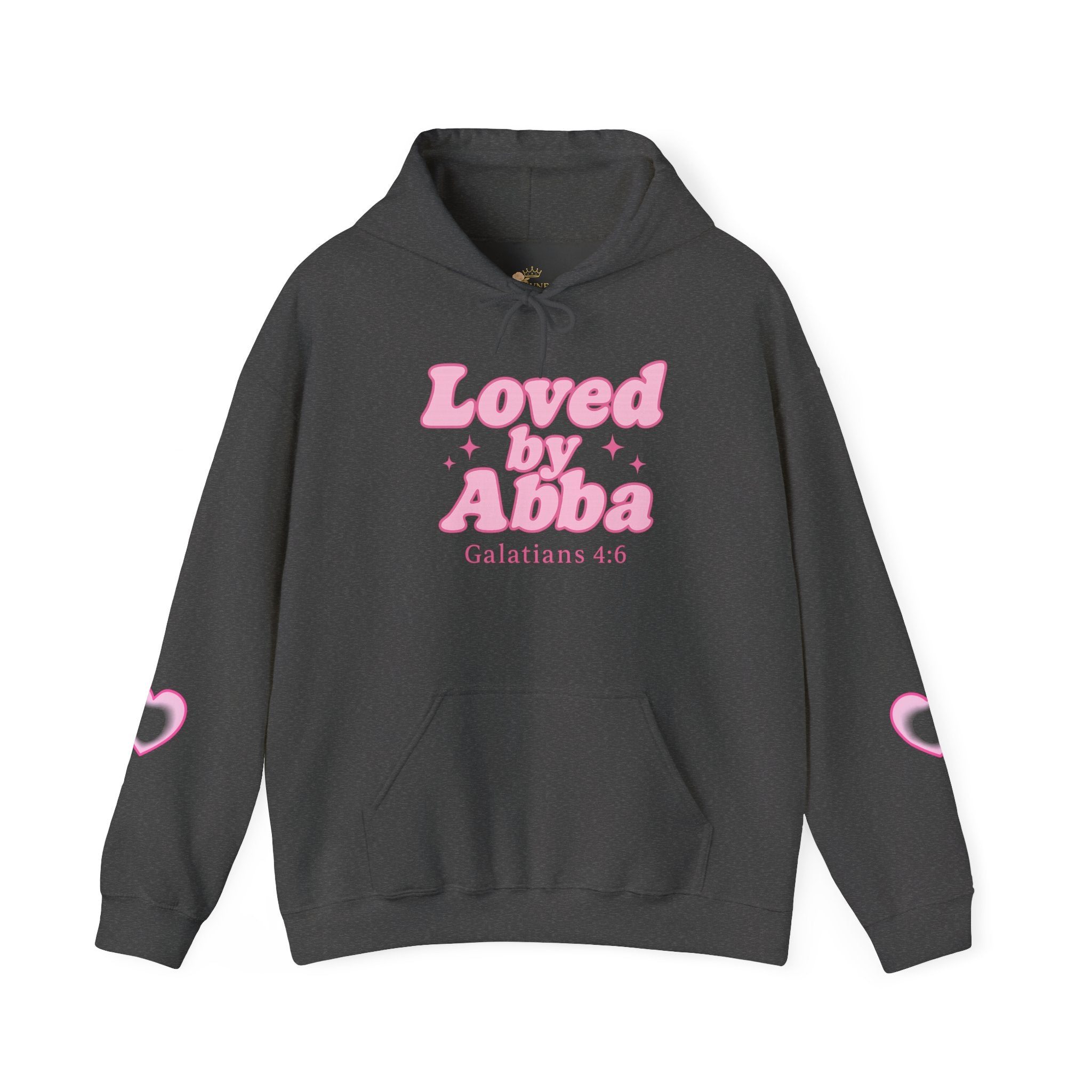 Christian Hoodie - "Loved by Abba" Pink Script with  Heart Sleeve Design