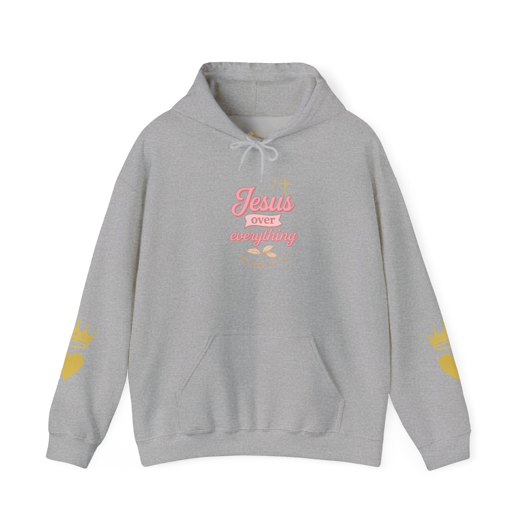Christian Hoodie — “Jesus Over Everything” Faith Hoodie (Pastel Script Crown Sleeve Design)
