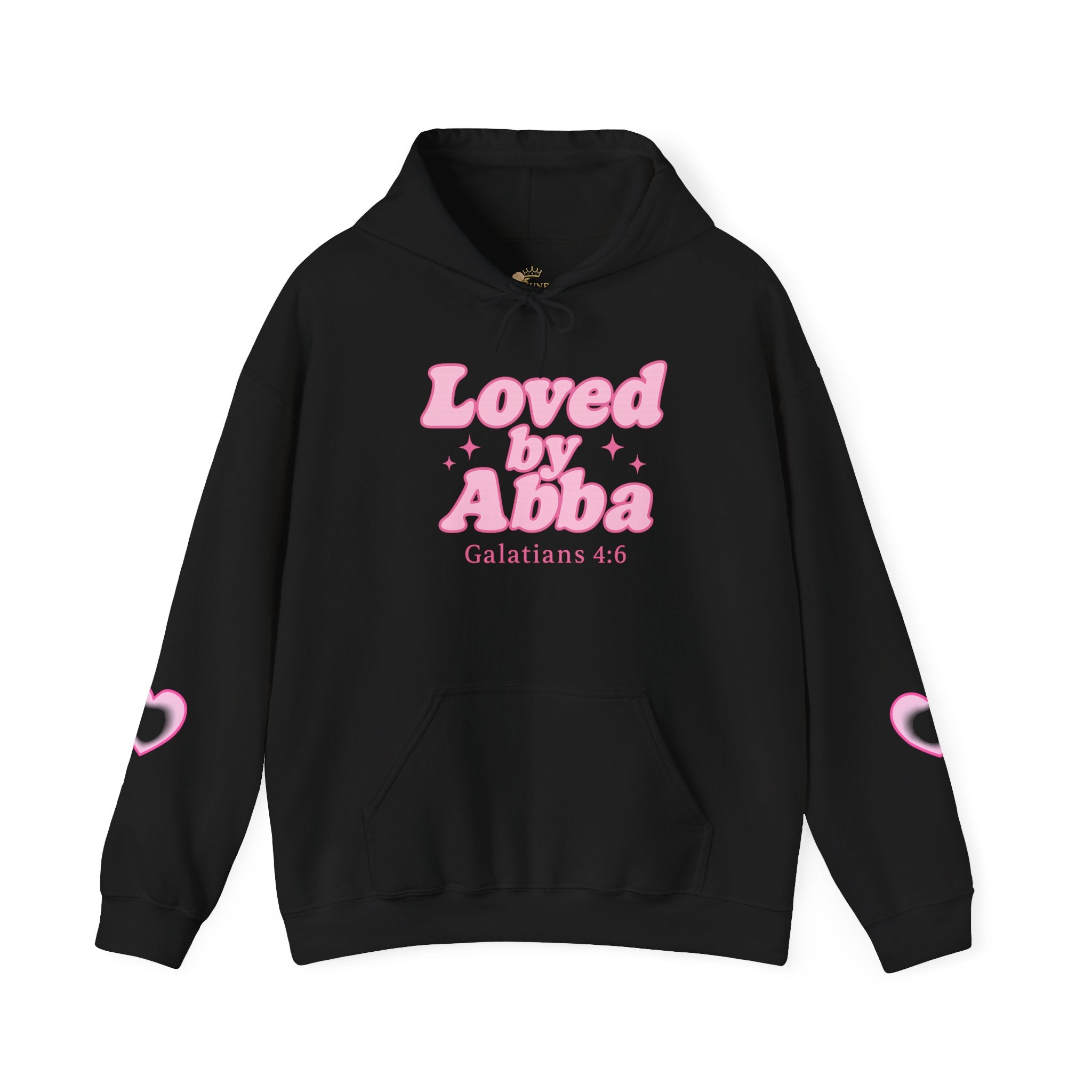 Christian Hoodie - "Loved by Abba" Pink Script with  Heart Sleeve Design